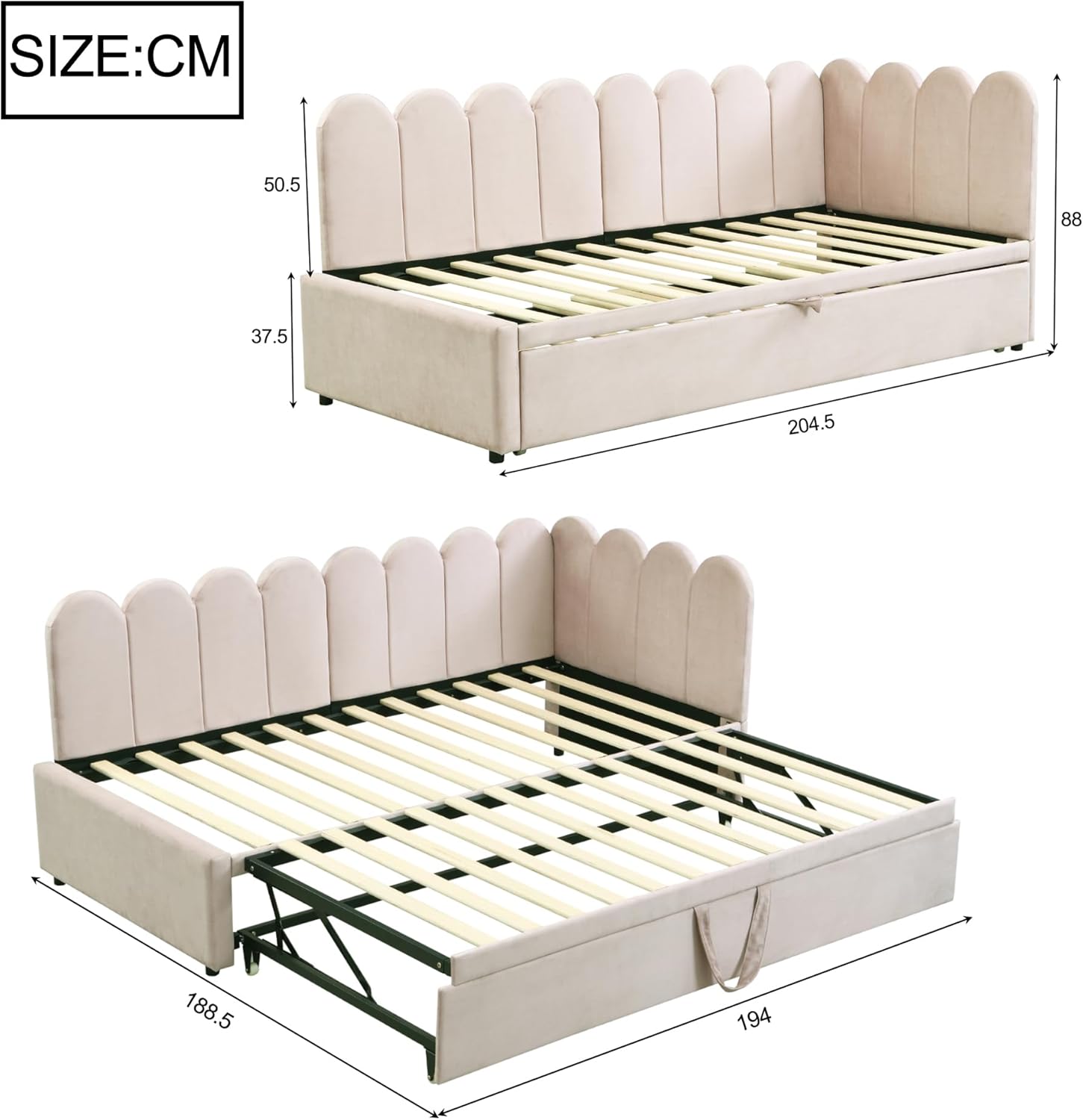 Merax 2-in-1 Multifunktions-Schlafsofa (90/180 x 200 cm), Samtrosa Polsterbett, ausziehbares Gästebett, platzsparendes Design, bequem für Kinder & Gäste, Beige (Ohne Matratze) — Ansicht 2