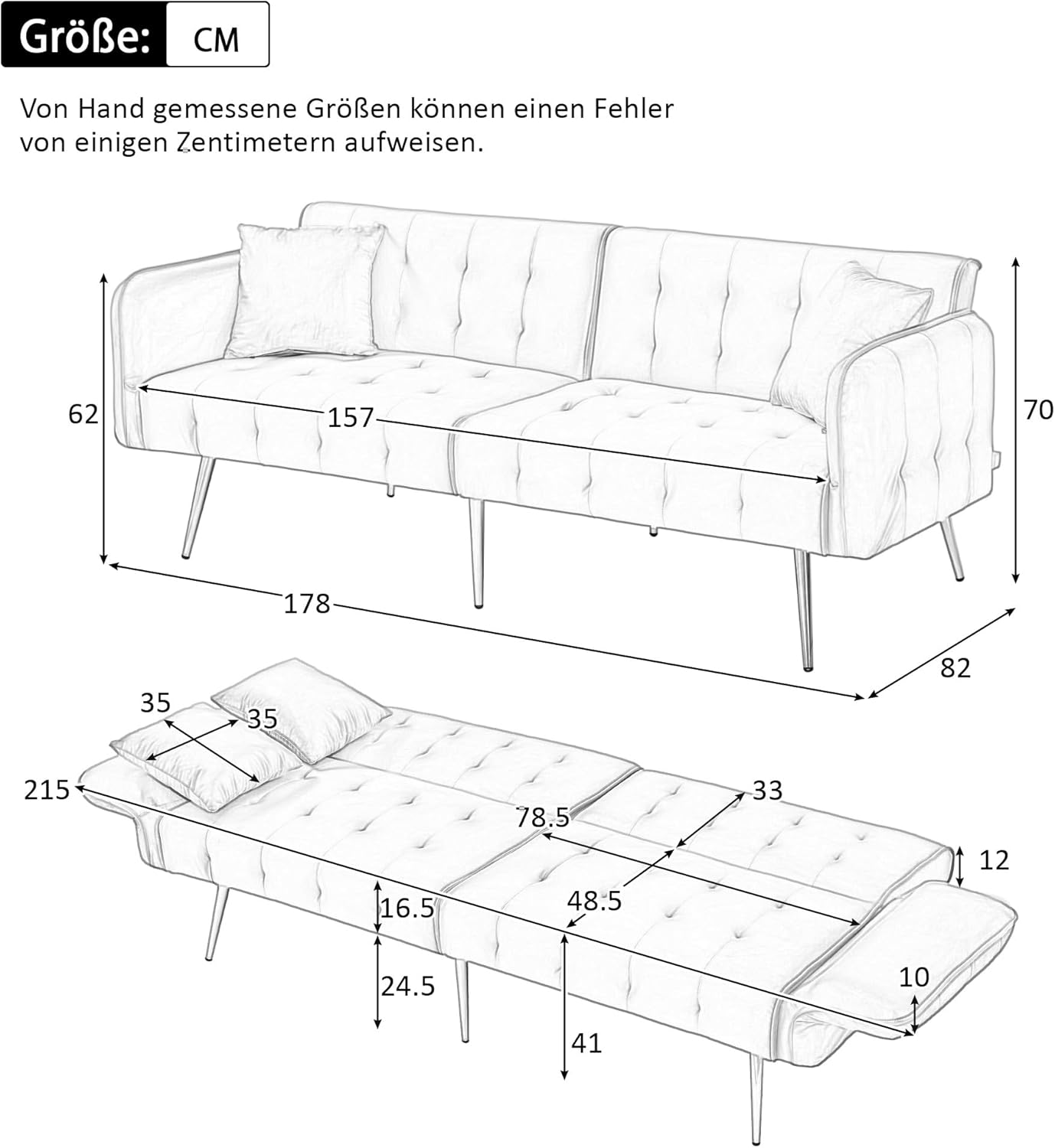 Merax 2-Sitzer Sofabett mit Bettfunktion, Verstellbarer 3-Stufen-Rückenlehne & 6-Stufen-Armlehnen, modernes Faltsofa, Hochdichteschaum, Holzrahmen, platzsparend für Wohnzimmer, Veloursbezug, Grün — Ansicht 2