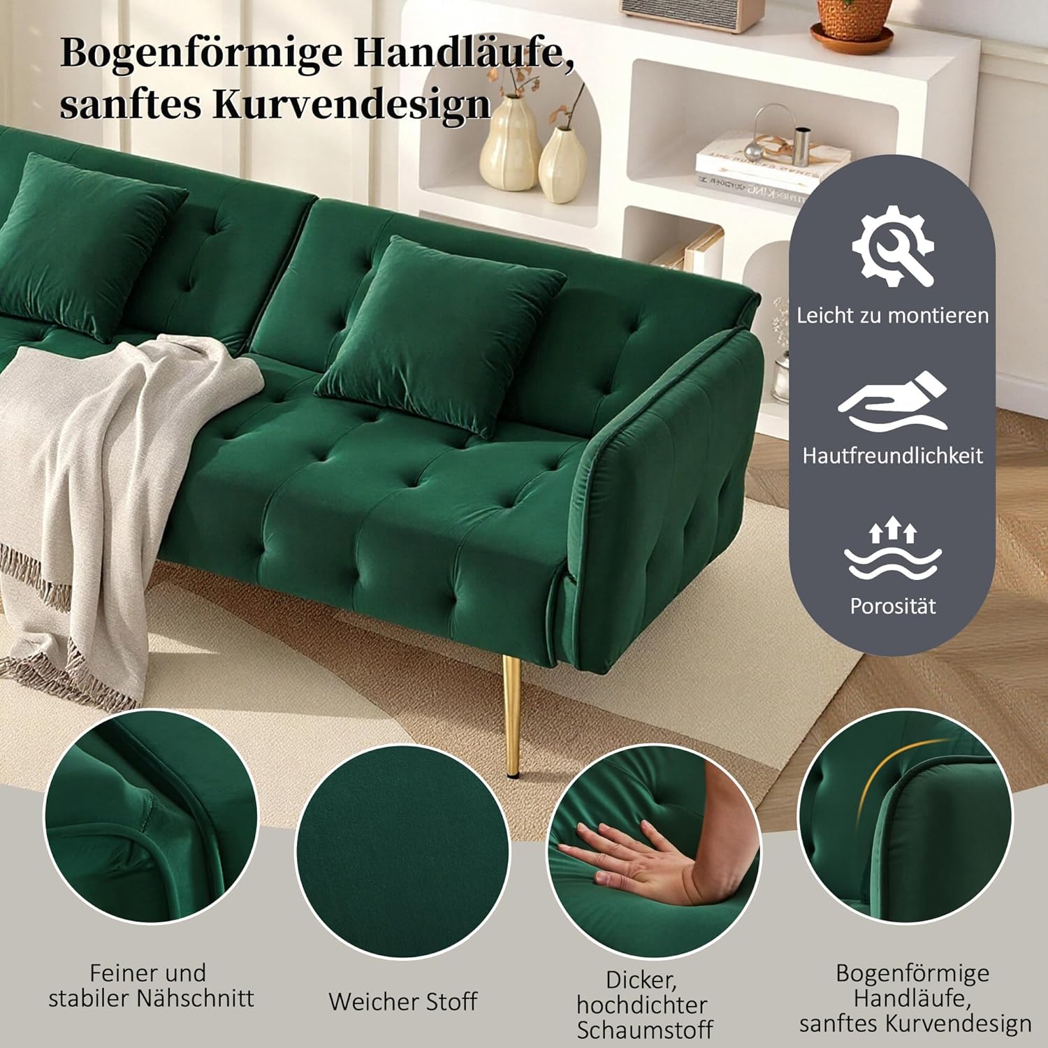 Merax 2-Sitzer Sofabett mit Bettfunktion, Verstellbarer 3-Stufen-Rückenlehne & 6-Stufen-Armlehnen, modernes Faltsofa, Hochdichteschaum, Holzrahmen, platzsparend für Wohnzimmer, Veloursbezug, Grün — Ansicht 6