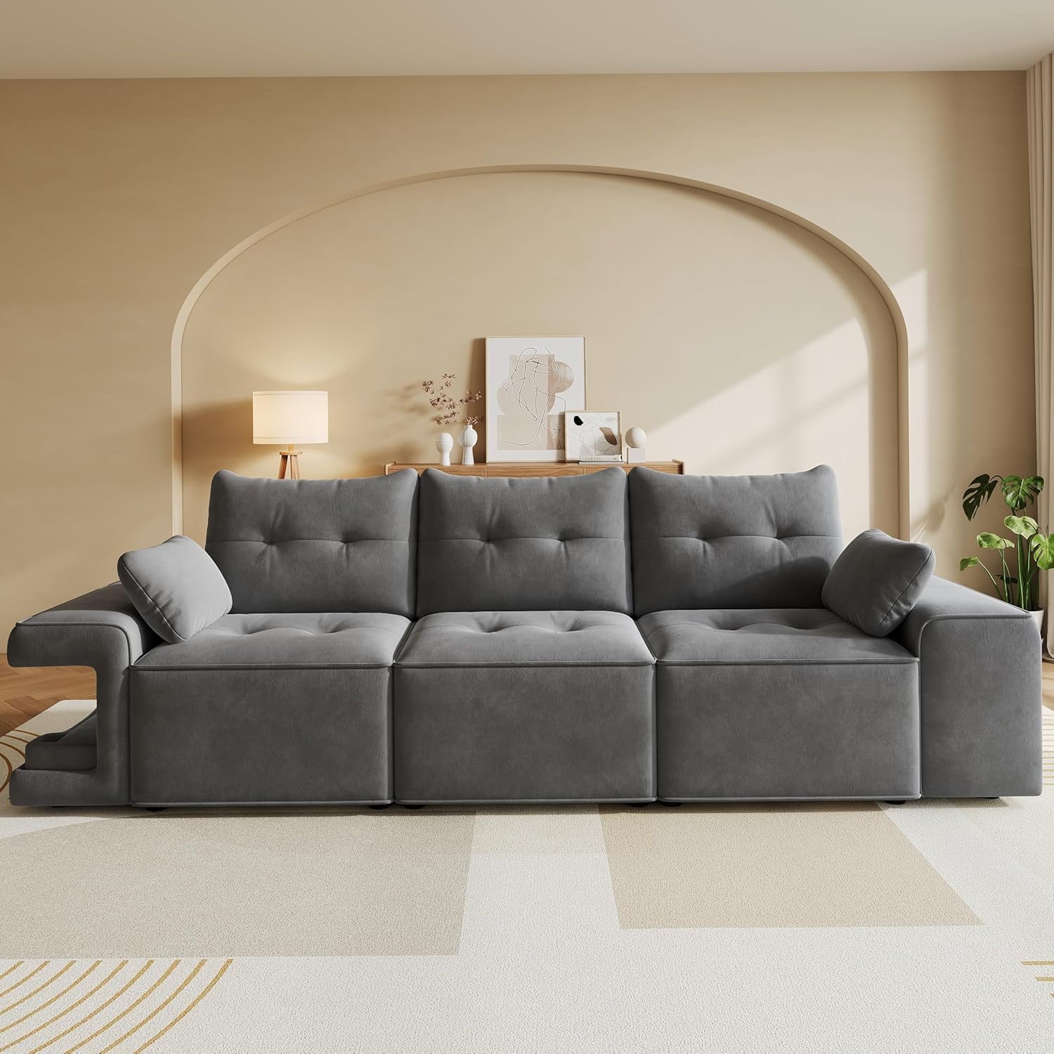 Merax 3-Sitzer Sofa Couch 230cm mit großem Stauraum, Samt Cloud Sofa mit Staufach & Breiten Armlehnen, integriertes Haustierbett & 2 Kissen, gepolsterte Couchgarnitur Wohnzimmer, Grau — Ansicht 4