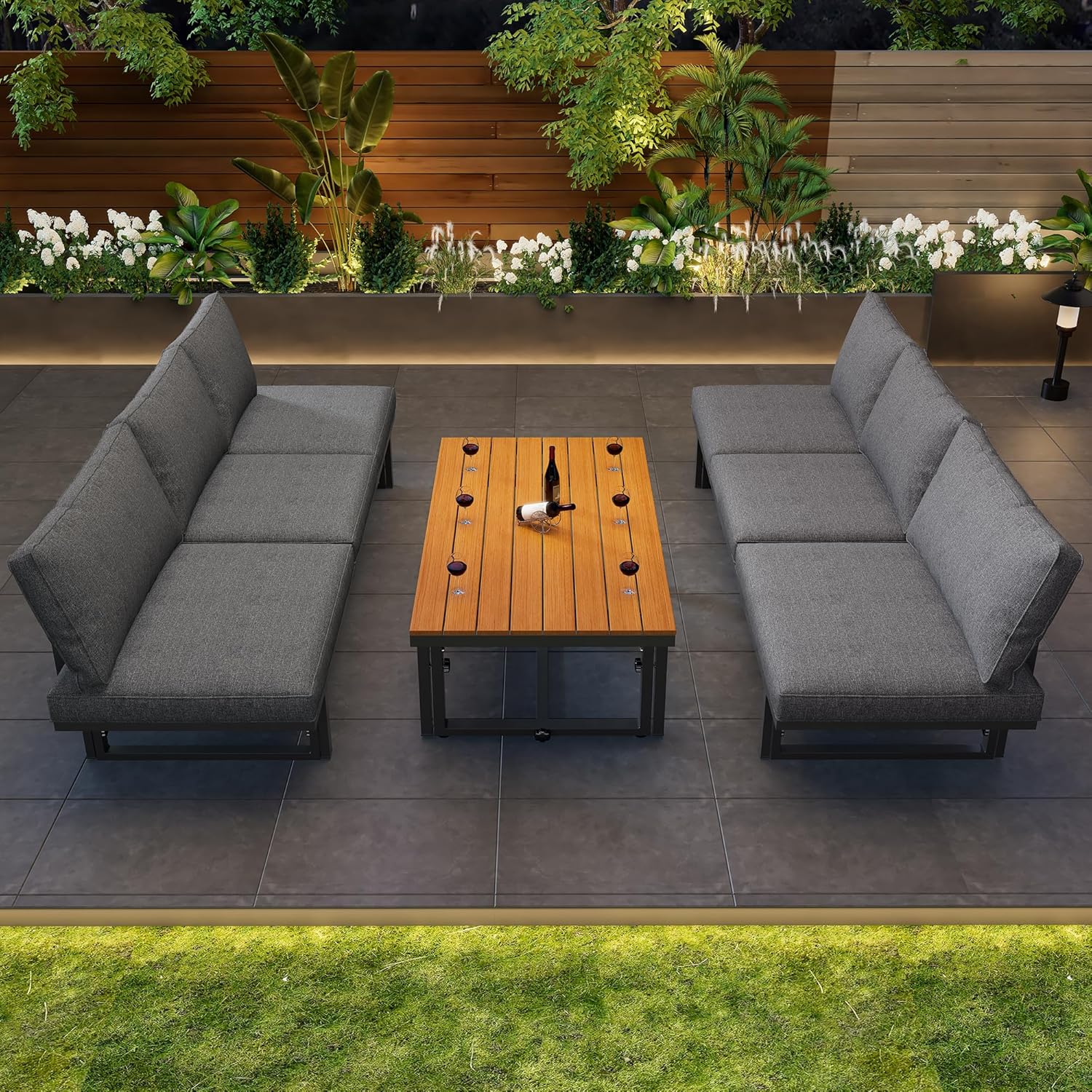 Merax 3-teiliges Gartenmöbel Set:Multifunktionales Sofa und Loungesessel 2-in-1, Verstellbare Sofas, Tisch & Sitzkissen Grau — Ansicht 2