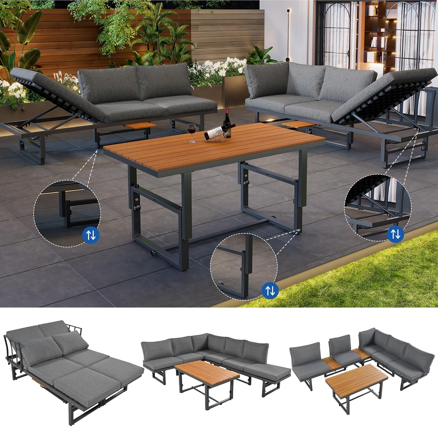 Merax 3-teiliges Gartenmöbel Set:Multifunktionales Sofa und Loungesessel 2-in-1, Verstellbare Sofas, Tisch & Sitzkissen Grau — Ansicht 4