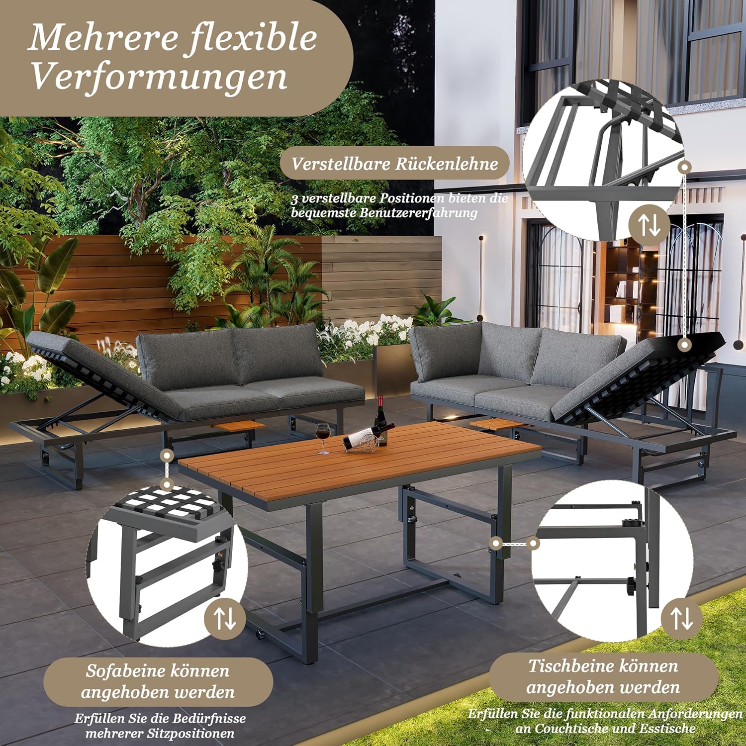 Merax 3-teiliges Gartenmöbel Set:Multifunktionales Sofa und Loungesessel 2-in-1, Verstellbare Sofas, Tisch & Sitzkissen Grau — Ansicht 5