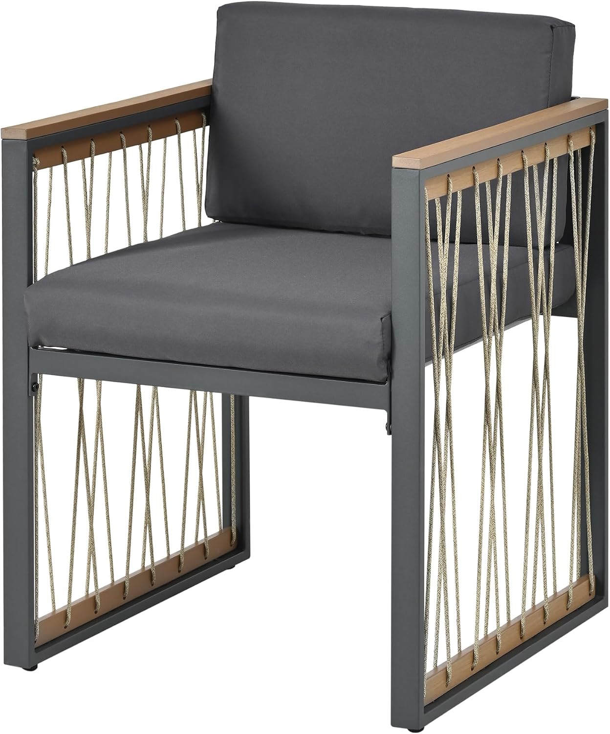 Merax 7-teiliges Garten-Essgruppe, Esstisch-Set für 6 Personen, Tisch mit gehärtetem Glas & Akazienholz-Armlehnen, Abnehmbaren Kissen, Für Garten, Terrasse, Balkon, Schwarz, Holzfarbe — Ansicht 5