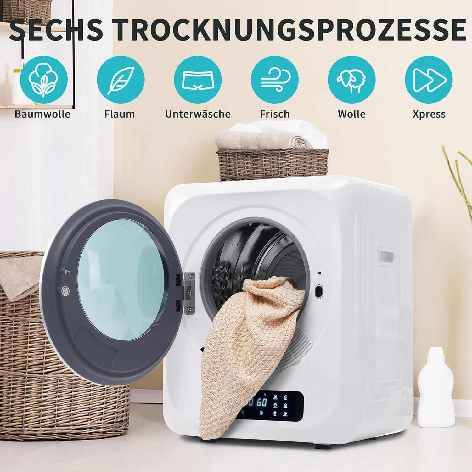 Merax Abgastrockner Edelstahl-Abgastrockner:3 kg 850 W Platzsparend, leistungsstark und sicher mit 6 Programmen und Überhitzungsschutz Weiß — Ansicht 4