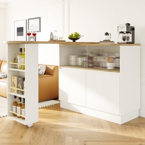 Merax Ausziehbarer Bartisch 138-203 cm, 360° Drehbar, Multifunktionale Kücheninsel mit Bar & Theke, Sideboard mit Stauraum, MDF, Modernes Design für Wohnzimmer, Küche und Home-Office — Ansicht 4