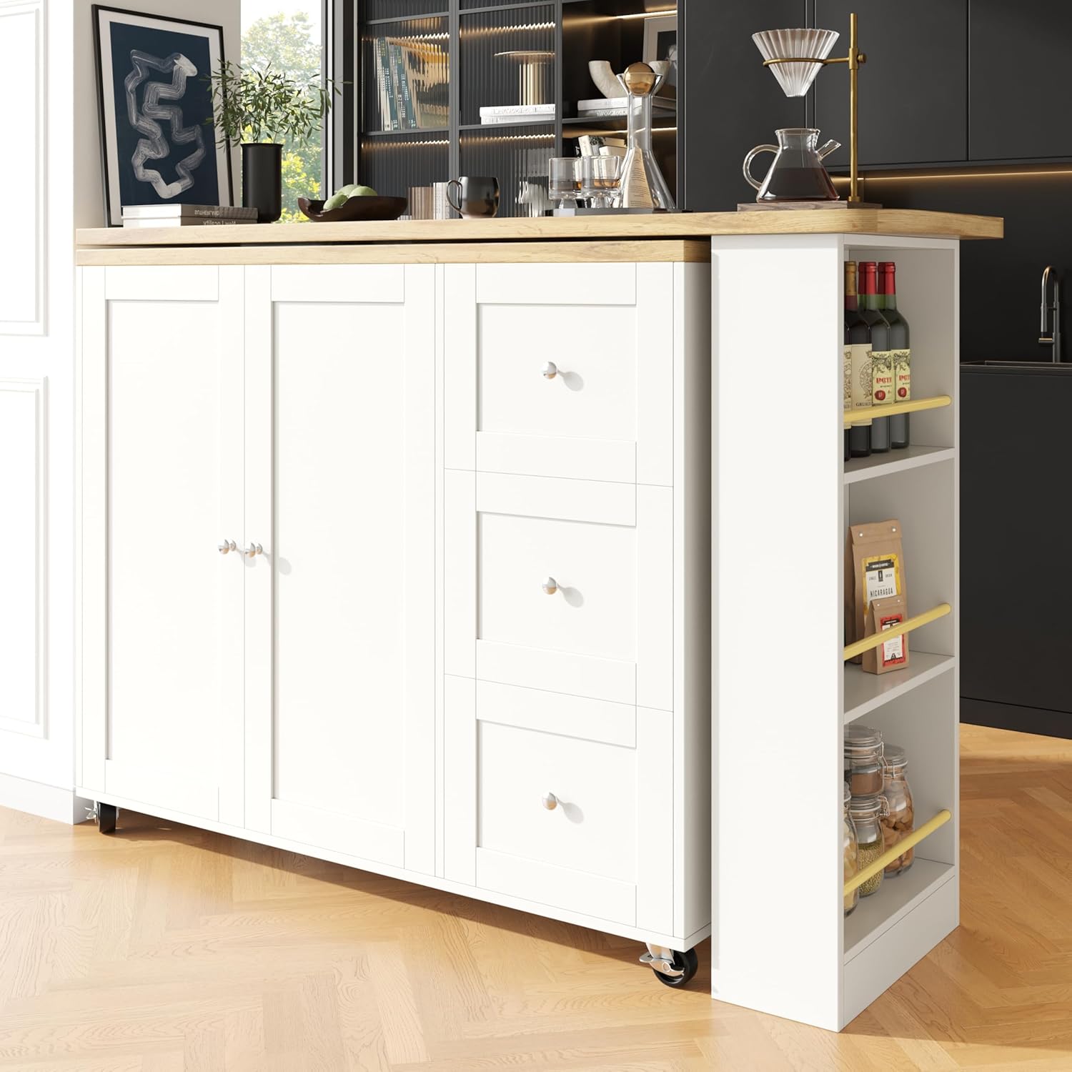 Merax Ausziehbarer Bartisch mit Stauraum, Beweglicher Bartisch Beistelltisch Stehtisch Bistrotisch Küchentheke Kücheninsel, mit 3 Schubladen, Weiß/138-209 x 39 x 106 cm — Ansicht 3