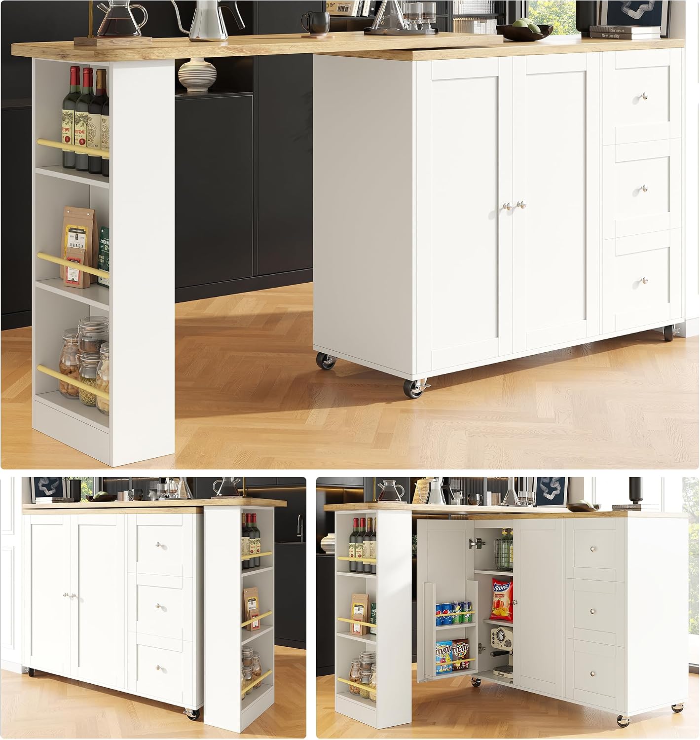 Merax Ausziehbarer Bartisch mit Stauraum, Beweglicher Bartisch Beistelltisch Stehtisch Bistrotisch Küchentheke Kücheninsel, mit 3 Schubladen, Weiß/138-209 x 39 x 106 cm — Ansicht 4