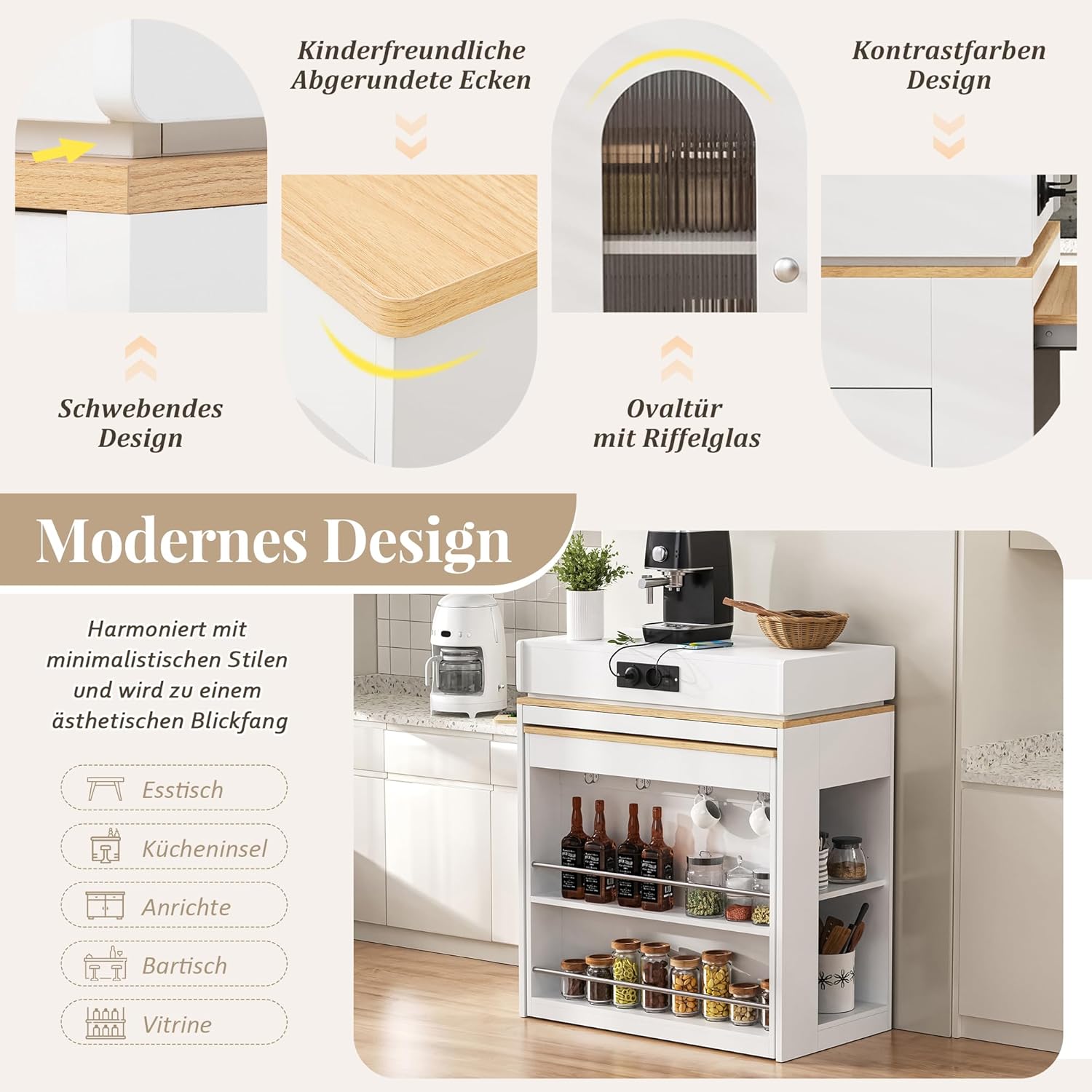 Merax Ausziehbarer Bartisch mit Stauraum, Modernes Kücheninsel mit Rollen, Steckdose, Rillenglas, 2 Schublade, Offene Regale, Verstellbare Ablagen, Sideboard für Küche, Esszimmer, 83×146,5×96cm, Weiß — Ansicht 3