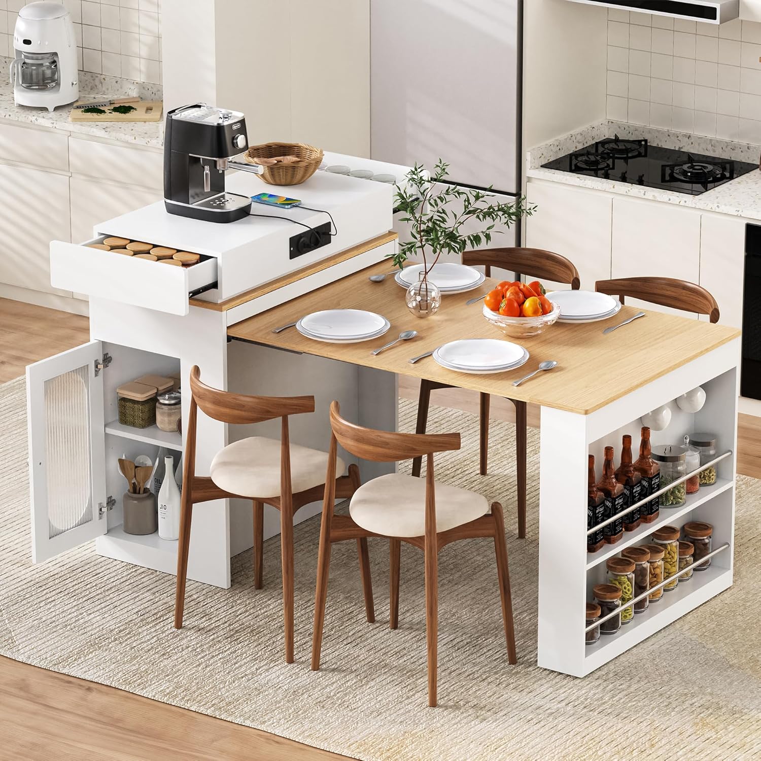 Merax Ausziehbarer Bartisch mit Stauraum, Modernes Kücheninsel mit Rollen, Steckdose, Rillenglas, 2 Schublade, Offene Regale, Verstellbare Ablagen, Sideboard für Küche, Esszimmer, 83×146,5×96cm, Weiß