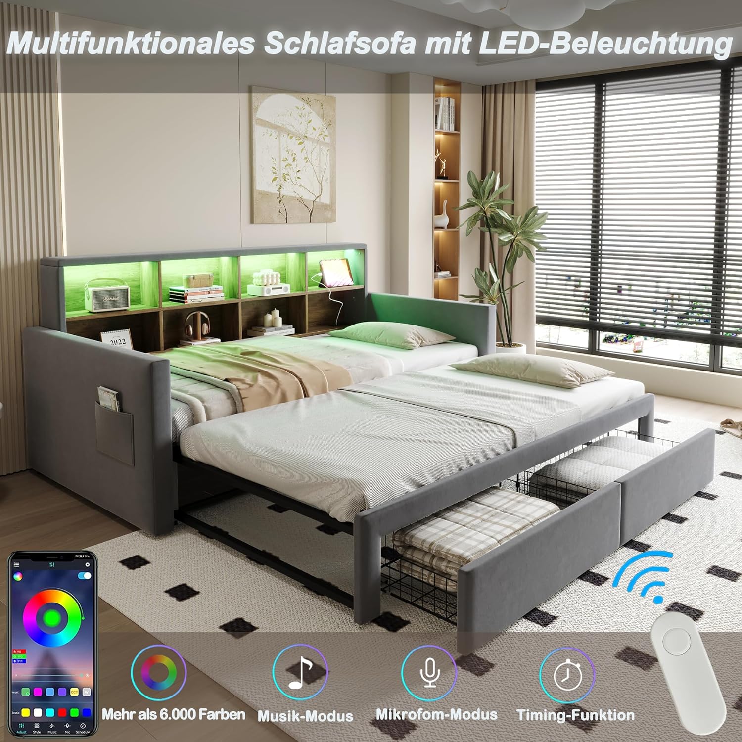 Merax Ausziehbares Bett 90/180 x 190 cm, ausziehbares Schlafsofa mit Ausziehbett, Kopfteil mit Stauraum, LED und USB-Steckdosen Typ C, 2 Schubladen, Lattenrost, Samt, Grau (ohne Matratze) — Ansicht 4