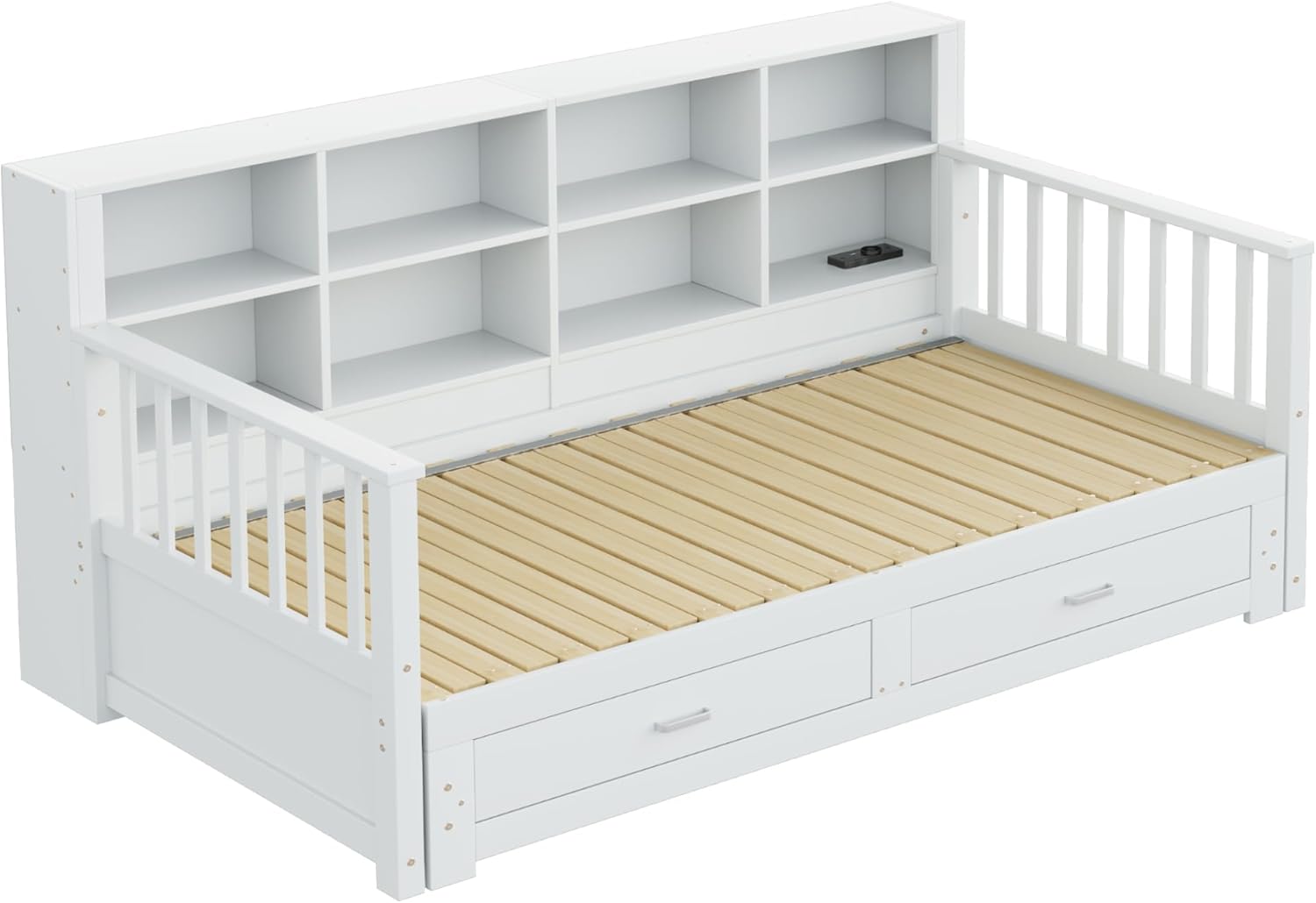 Merax Ausziehbares Schlafsofa 90/180x190 cm, mit Steckdose & Regal in Rückenlehne, 2 Schubladen, Lattenrost, multifunktionales Tagesbett für Gästezimmer, Kinderzimmer, Weiß (ohne Matratze) — Ansicht 3