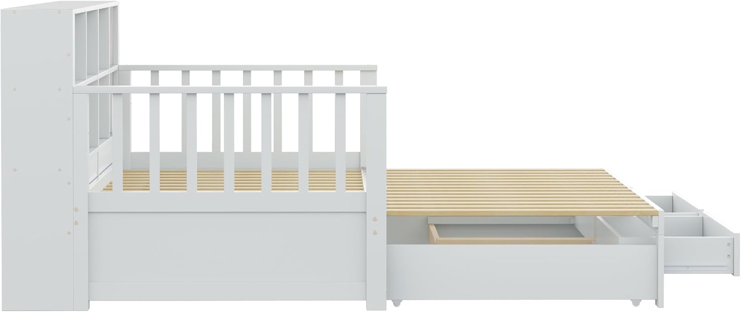 Merax Ausziehbares Schlafsofa 90/180x190 cm, mit Steckdose & Regal in Rückenlehne, 2 Schubladen, Lattenrost, multifunktionales Tagesbett für Gästezimmer, Kinderzimmer, Weiß (ohne Matratze) — Ansicht 5