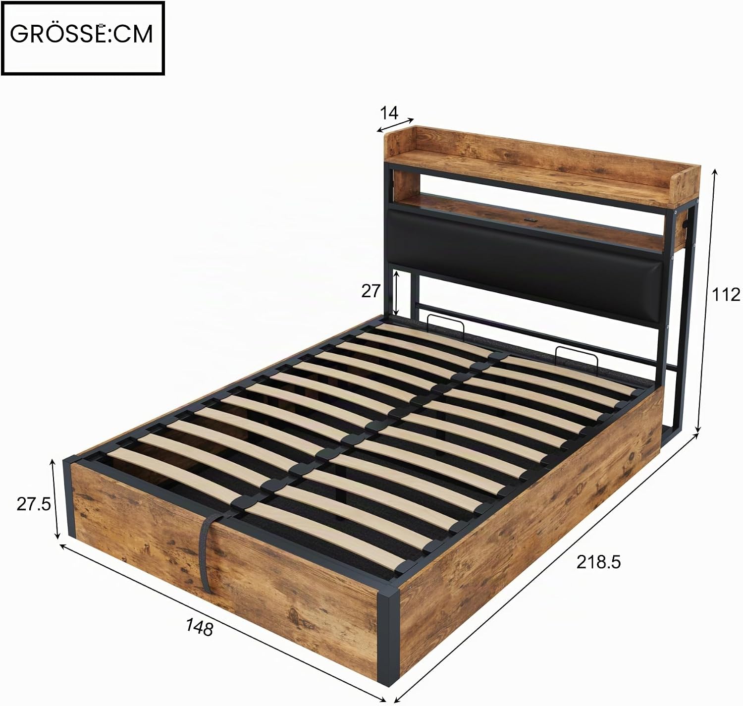 Merax Bettgestell 140x200, Hydraulisch Holzbett mit großem Stauraum, gepolstertem Kopfteil mit Ablage, USB-Ladeanschlüssen, Holz-Metall-Design, Schwarz (Ohne Matratze) — Ansicht 2