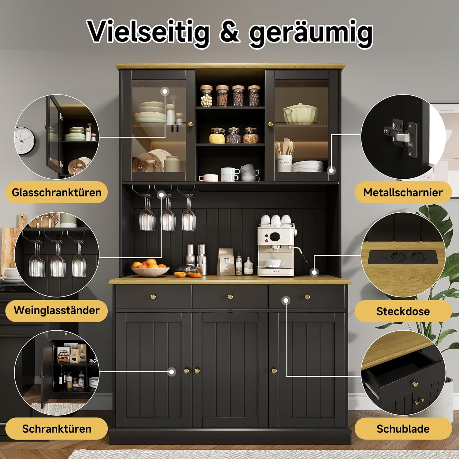 Merax Buffetschrank 120×40×191 cm, Esszimmer-Hochschrank mit Glastüren, Gläserhalter, mehrstufigem Stauraum, integrierter Steckdose sowie USB-A- und USB-C-Anschlüssen, Schwarz — Ansicht 3