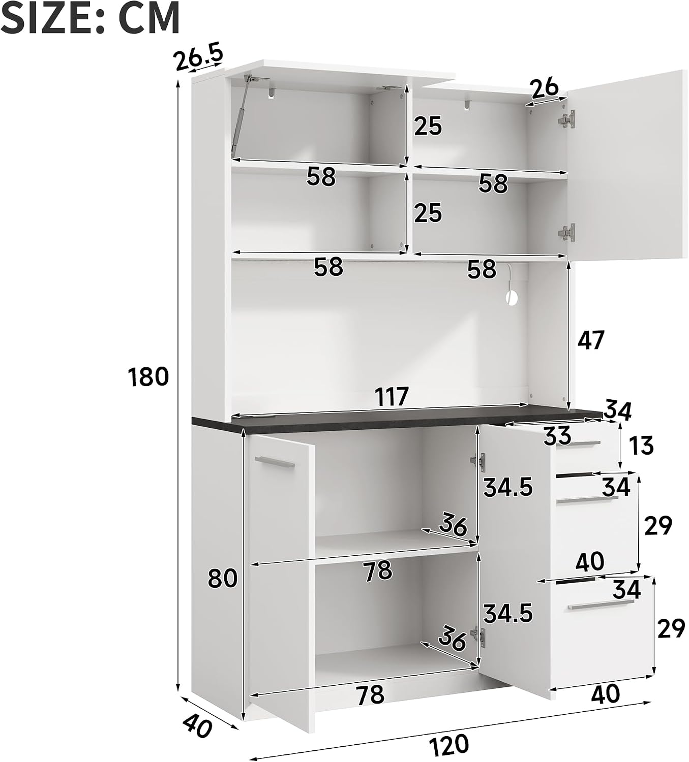 Merax Buffetschrank Hochschrank 120x40x180 cm, mit Steckdose, USB, farbigem LED-Licht – Weiß — Ansicht 2