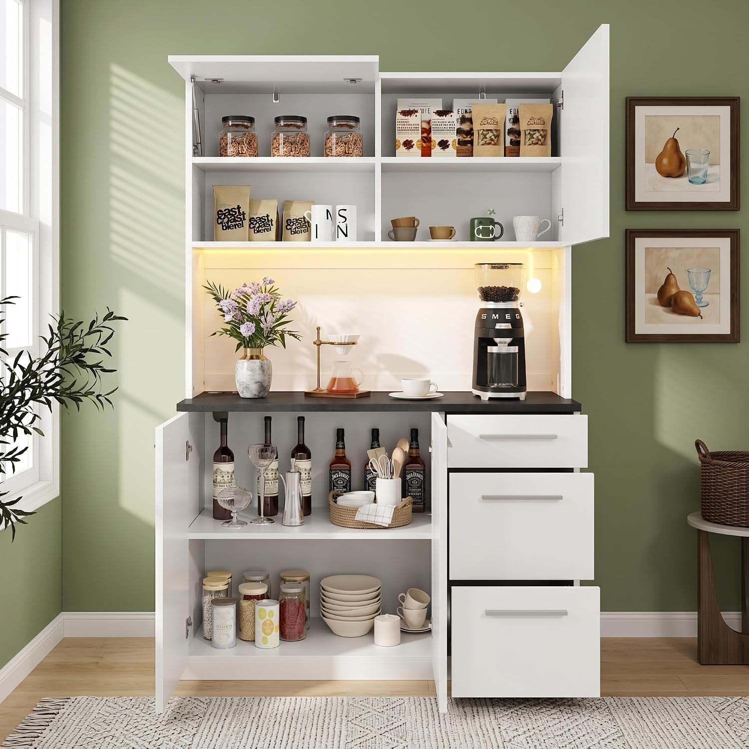 Merax Buffetschrank Hochschrank 120x40x180 cm, mit Steckdose, USB, farbigem LED-Licht – Weiß — Ansicht 5