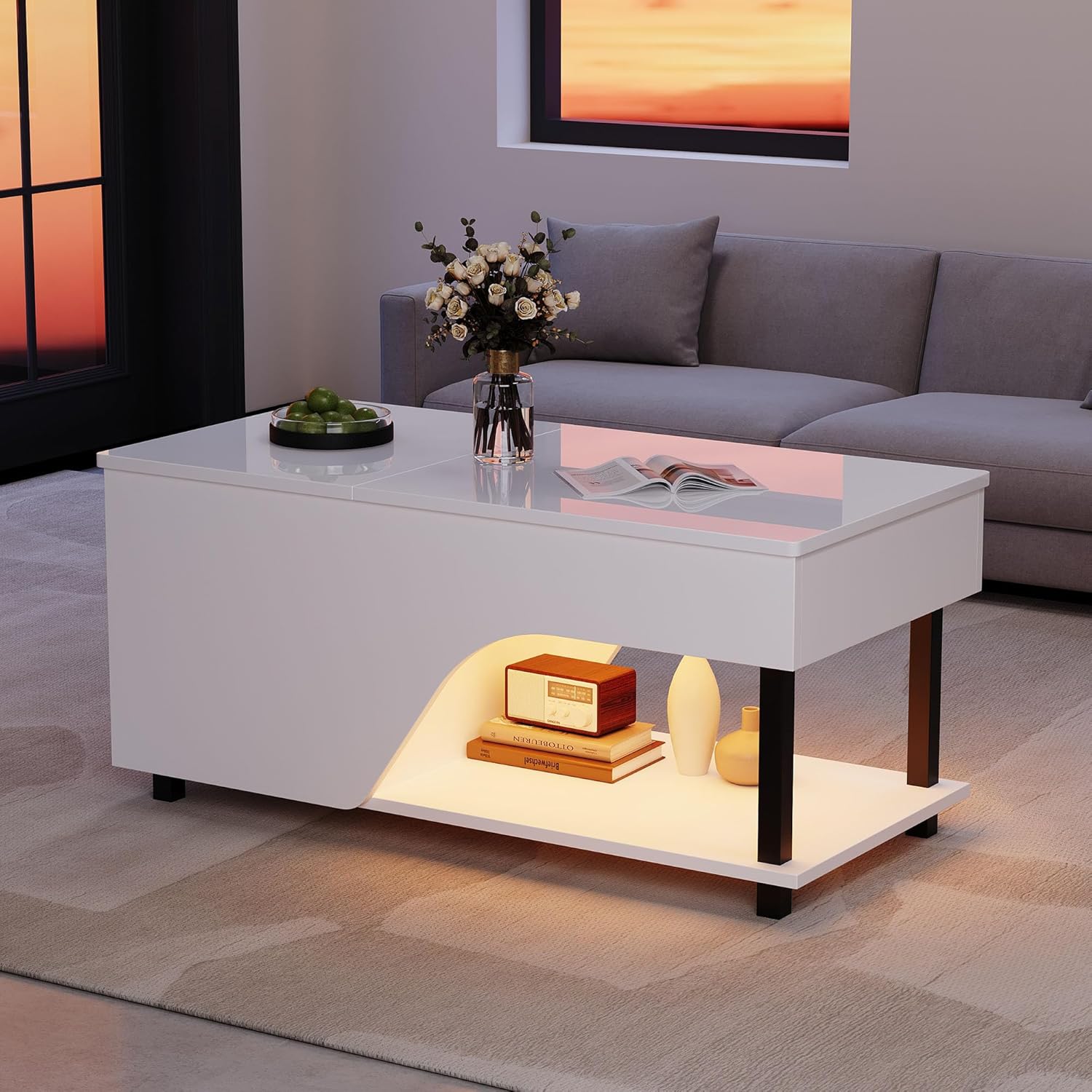 Merax Couchtisch Höhenverstellbar 100x50 cm, Couchtisch mit Stauraum, Wohnzimmertisch mit Verstecktem Fach und Verstellbaren Regalböden, Sofatisch Beistelltisch Modern, Weiß — Ansicht 3