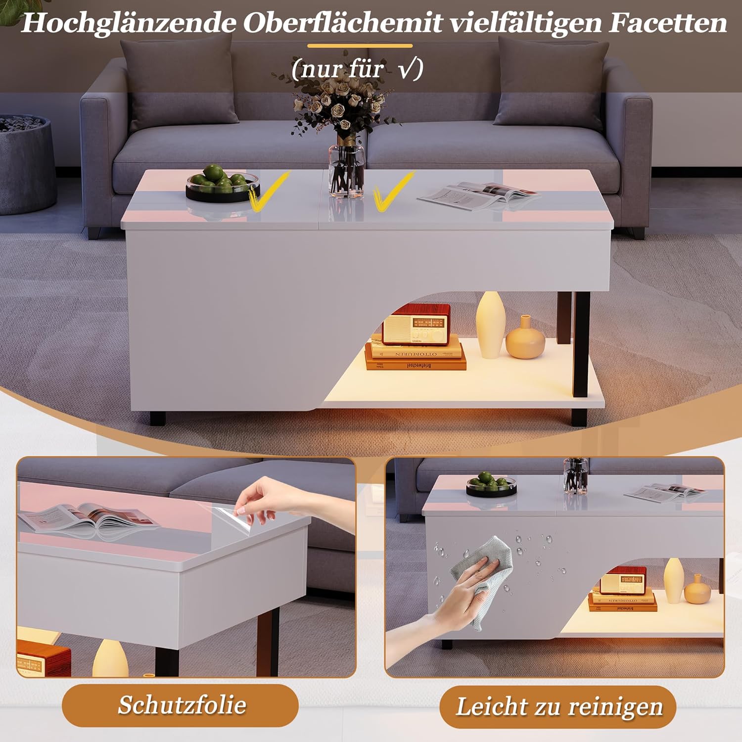Merax Couchtisch Höhenverstellbar 100x50 cm, Couchtisch mit Stauraum, Wohnzimmertisch mit Verstecktem Fach und Verstellbaren Regalböden, Sofatisch Beistelltisch Modern, Weiß — Ansicht 6
