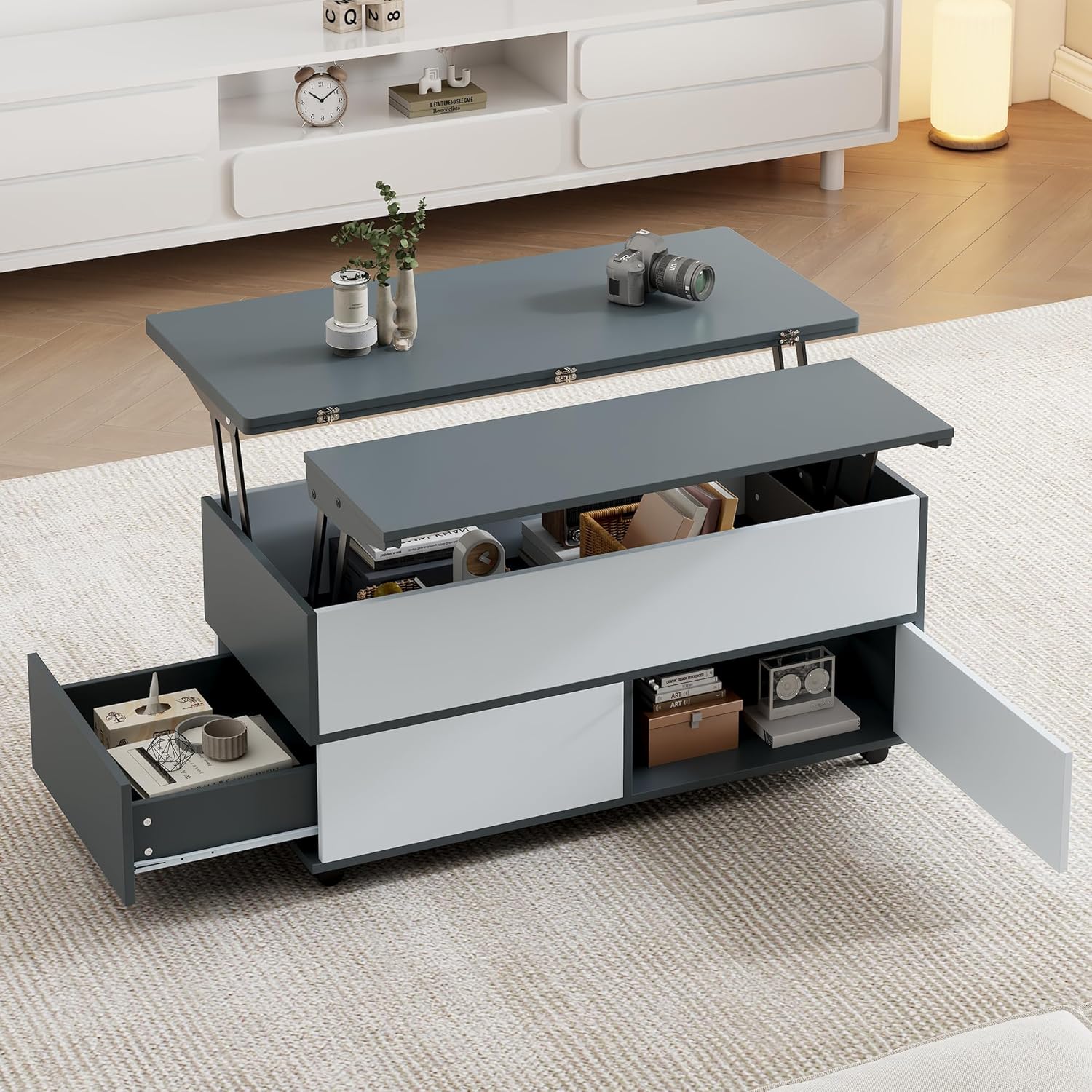 Merax Couchtisch, höhenverstellbarer Wohnzimmertisch, 3-in-1-Multifunktions-Kaffeetisch mit Verstecktem Stauraum & Schubladen & Rollen, Umwandelbar in Esstisch, Sofatisch für Homeoffice, Grau&Weiß — Ansicht 4
