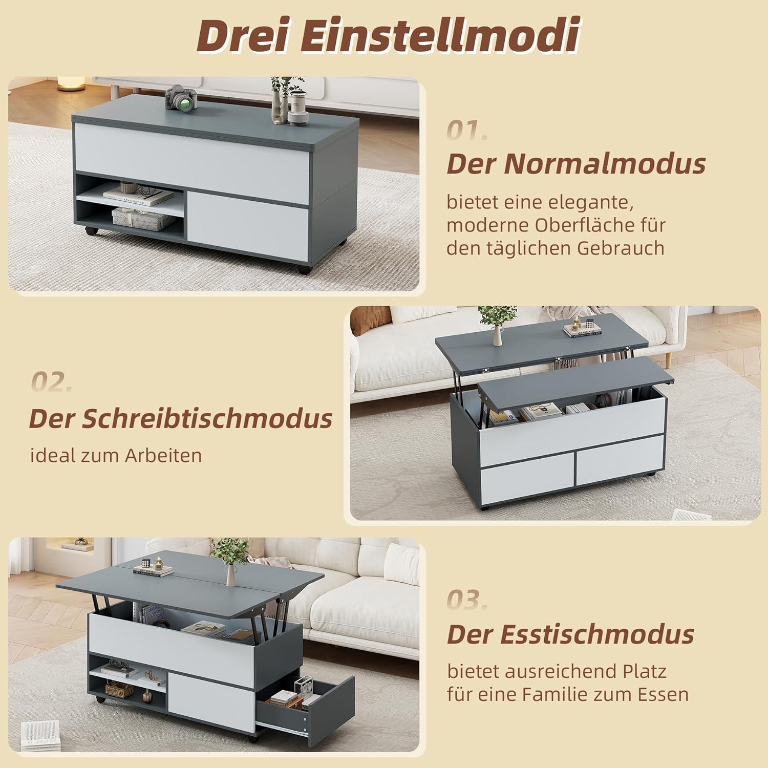 Merax Couchtisch, höhenverstellbarer Wohnzimmertisch, 3-in-1-Multifunktions-Kaffeetisch mit Verstecktem Stauraum & Schubladen & Rollen, Umwandelbar in Esstisch, Sofatisch für Homeoffice, Grau&Weiß — Ansicht 5