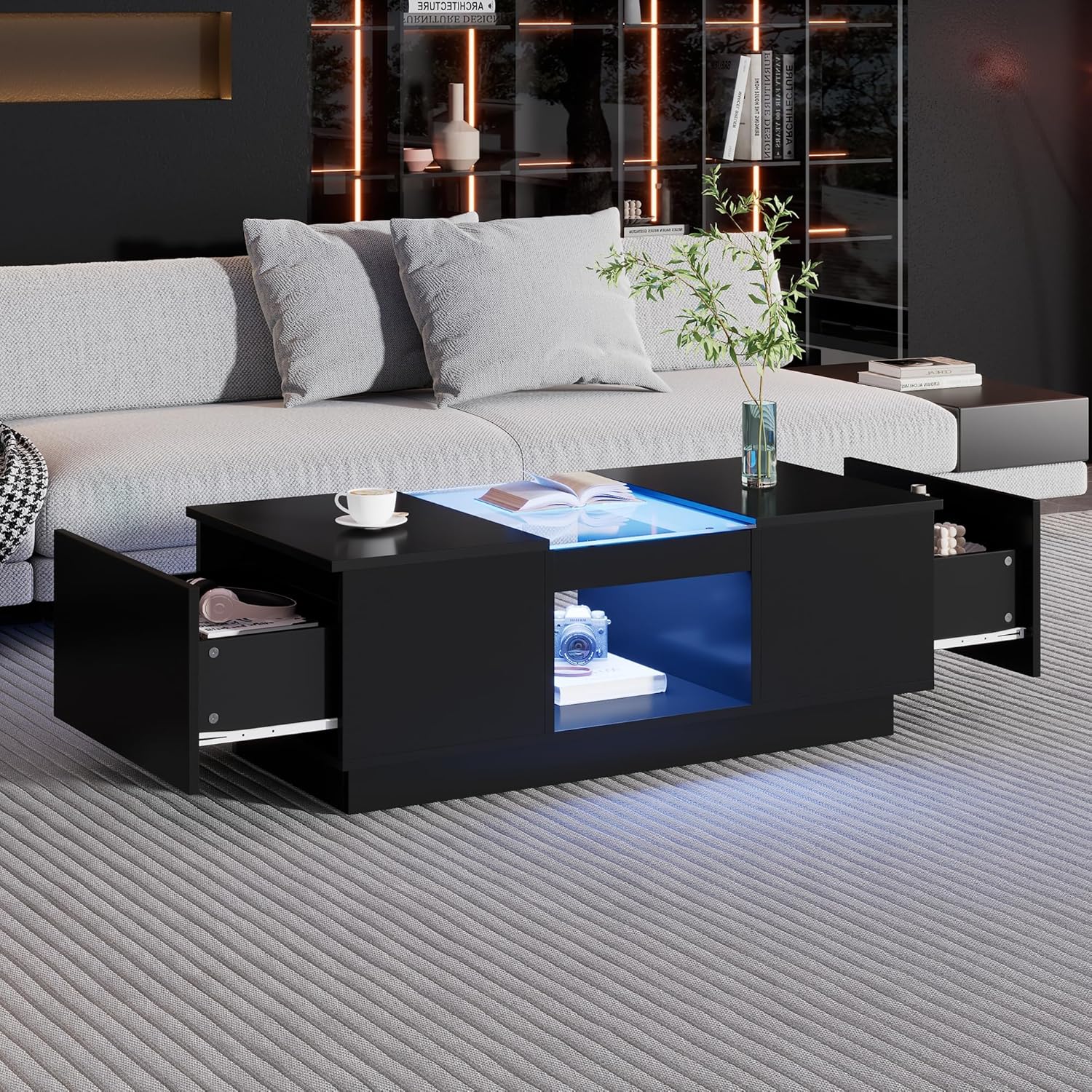 Merax Couchtisch LED Hochglanz, Mitteltisch Teetisch für Wohnzimmer, Schwarz Wohnzimmertisch mit 2 Schubladen und offenes Fach, Rechteckiger Beistelltisch Sofatisch Kaffeetisch, für Schlafzimmer Büro — Ansicht 3