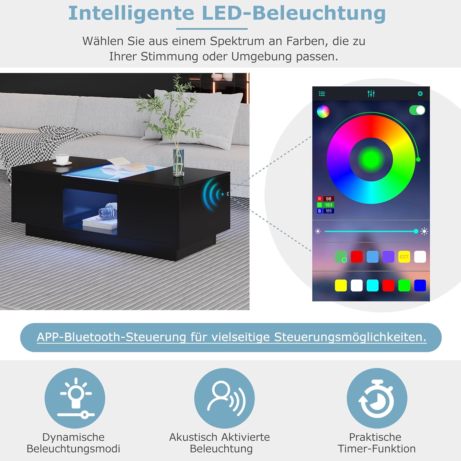 Merax Couchtisch LED Hochglanz, Mitteltisch Teetisch für Wohnzimmer, Schwarz Wohnzimmertisch mit 2 Schubladen und offenes Fach, Rechteckiger Beistelltisch Sofatisch Kaffeetisch, für Schlafzimmer Büro — Ansicht 5