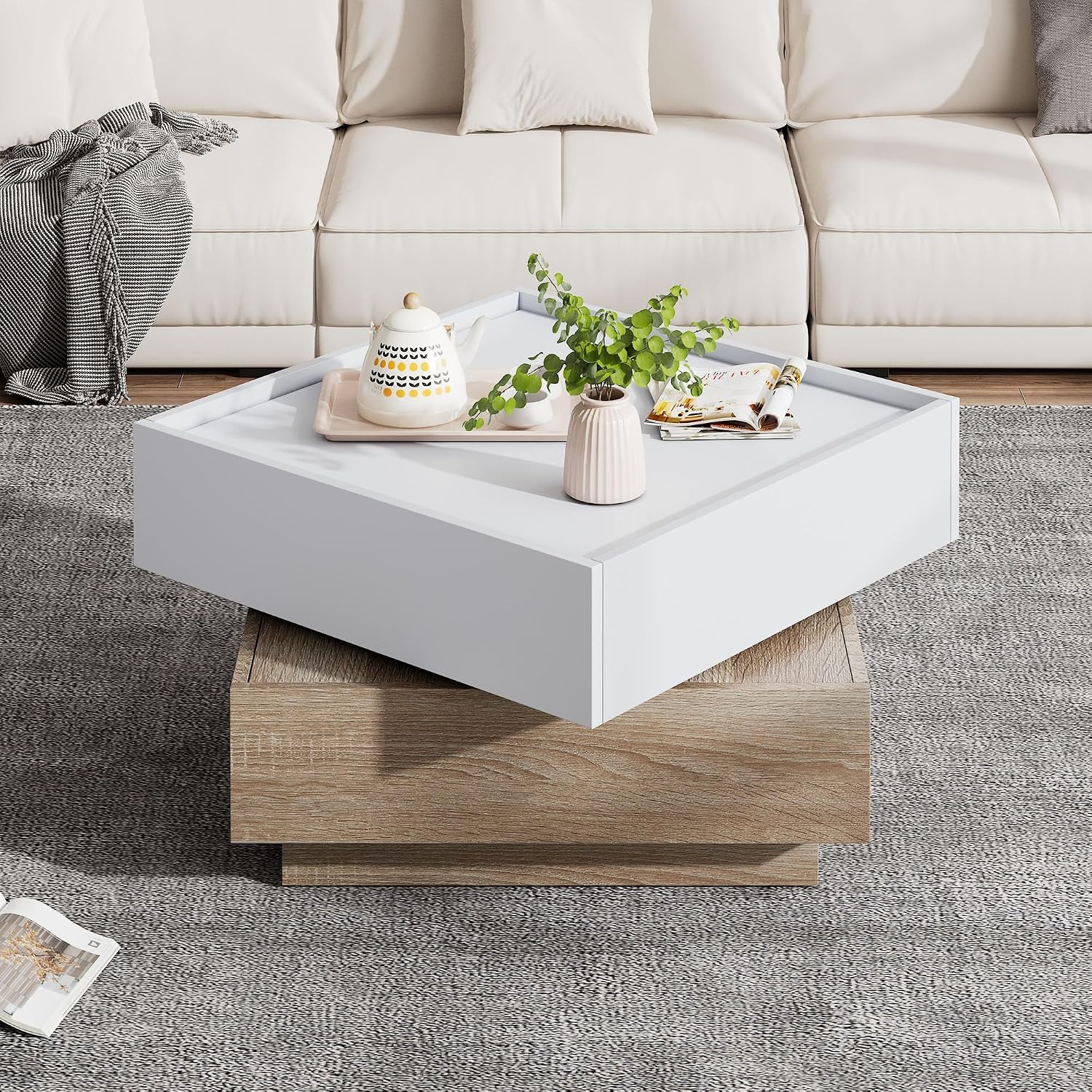 Merax Couchtisch quadratische, Moderner 360° drehbare Wohnzimmertisch mit 2 Schubladen, kreativer Sofatisch Kaffeetisch Beistelltisch Mitteltisch für Wohnzimmer Büro Schlafzimmer, Weiß & Walnuss