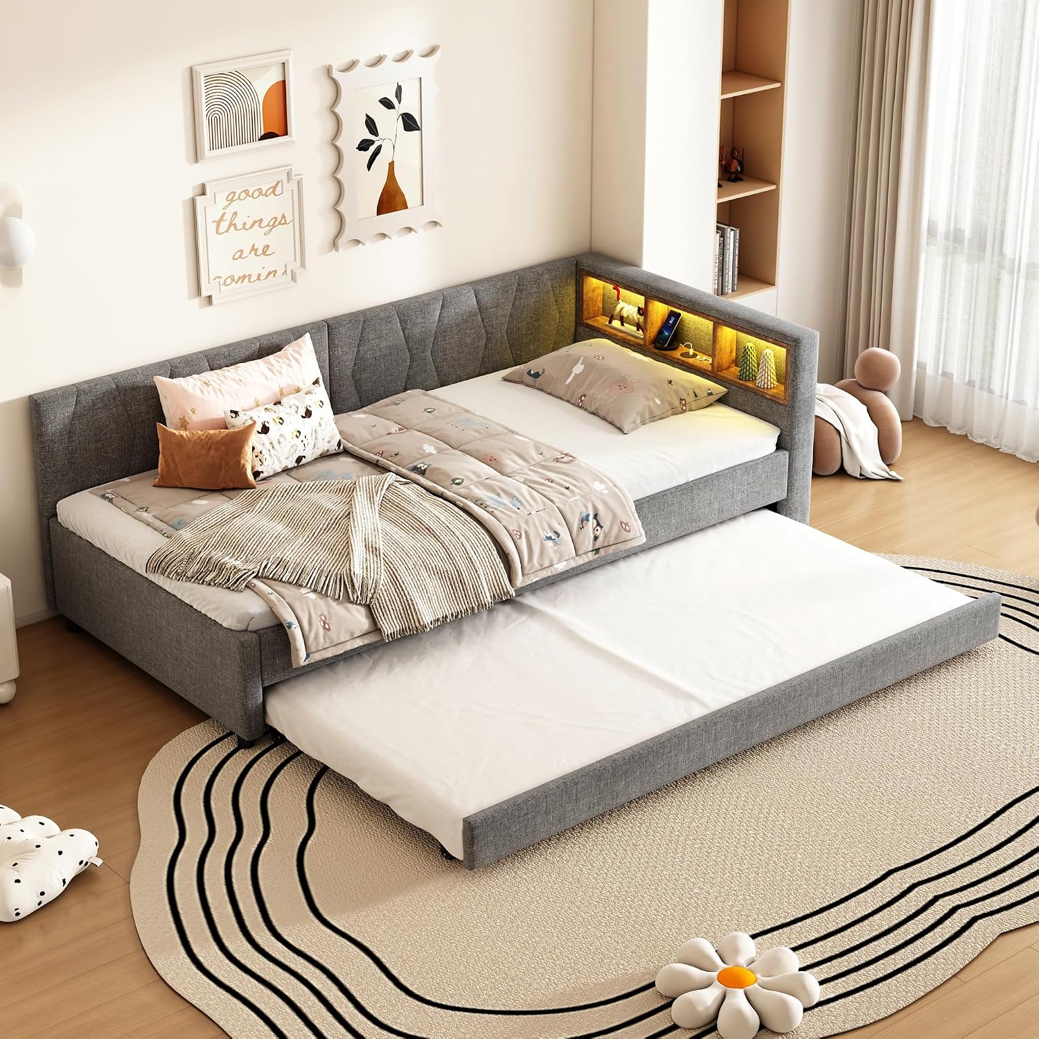 Merax Daybett 90x200 cm, Multifunktionales Schlafsofa mit Ausziehbett, USB+Typ C Ladeanschluss, Fernbedienung für LED-Umgebungslicht, Ablagefächer – Grau, Leinen (Ohne Matratze) — Ansicht 3