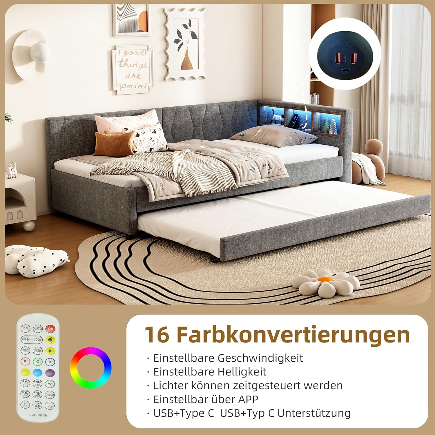 Merax Daybett 90x200 cm, Multifunktionales Schlafsofa mit Ausziehbett, USB+Typ C Ladeanschluss, Fernbedienung für LED-Umgebungslicht, Ablagefächer – Grau, Leinen (Ohne Matratze) — Ansicht 5