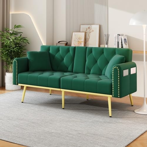 Merax Doppelt Ausklappbares Schlafsofa in Grün, Multifunktionales Sofa mit Liegefunktion, 3 verstellbare Neigungswinkel, Getränkehalter, Stauraum – Samtbezug für Wohnzimmer, Schlafzimmer, Heimkino — Ansicht 2
