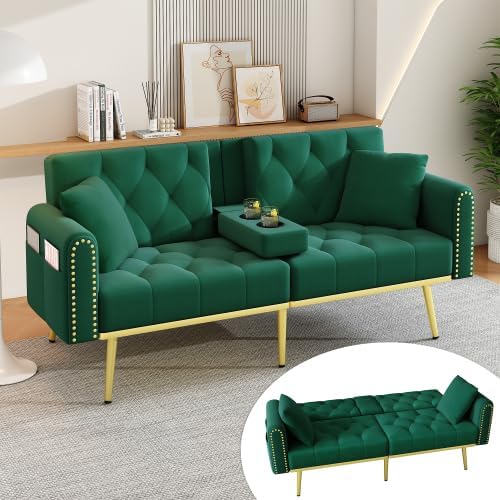 Merax Doppelt Ausklappbares Schlafsofa in Grün, Multifunktionales Sofa mit Liegefunktion, 3 verstellbare Neigungswinkel, Getränkehalter, Stauraum – Samtbezug für Wohnzimmer, Schlafzimmer, Heimkino
