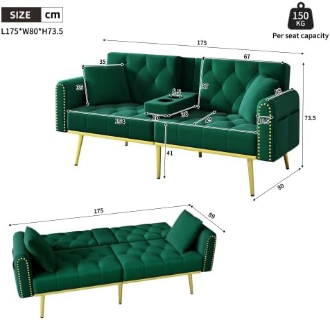 Merax Doppelt Ausklappbares Schlafsofa in Grün, Multifunktionales Sofa mit Liegefunktion, 3 verstellbare Neigungswinkel, Getränkehalter, Stauraum – Samtbezug für Wohnzimmer, Schlafzimmer, Heimkino — Ansicht 3