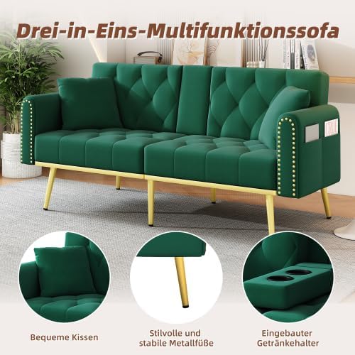 Merax Doppelt Ausklappbares Schlafsofa in Grün, Multifunktionales Sofa mit Liegefunktion, 3 verstellbare Neigungswinkel, Getränkehalter, Stauraum – Samtbezug für Wohnzimmer, Schlafzimmer, Heimkino — Ansicht 5