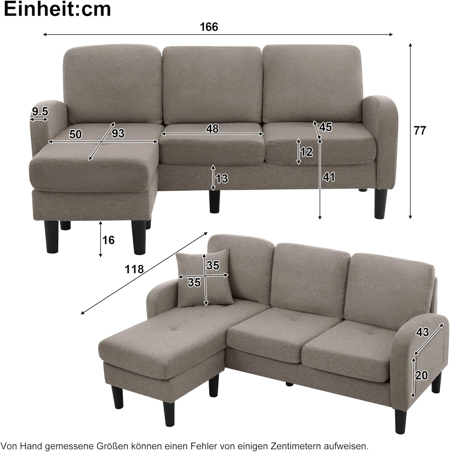 Merax Ecksofa 3-Sitzer Sofa mit Chaiselongue und Kunststoffbeine, Eckcouch in L-Form aus Baumwoll-Leinenstoff, Kleine Couch für Wohnzimmer/Wohnung, 166 x 118 x 77 cm, Dunkelgrau — Ansicht 2