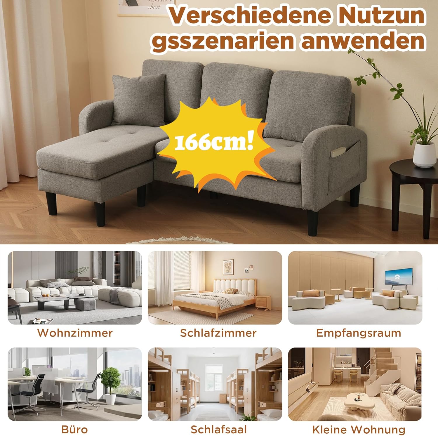 Merax Ecksofa 3-Sitzer Sofa mit Chaiselongue und Kunststoffbeine, Eckcouch in L-Form aus Baumwoll-Leinenstoff, Kleine Couch für Wohnzimmer/Wohnung, 166 x 118 x 77 cm, Dunkelgrau — Ansicht 4