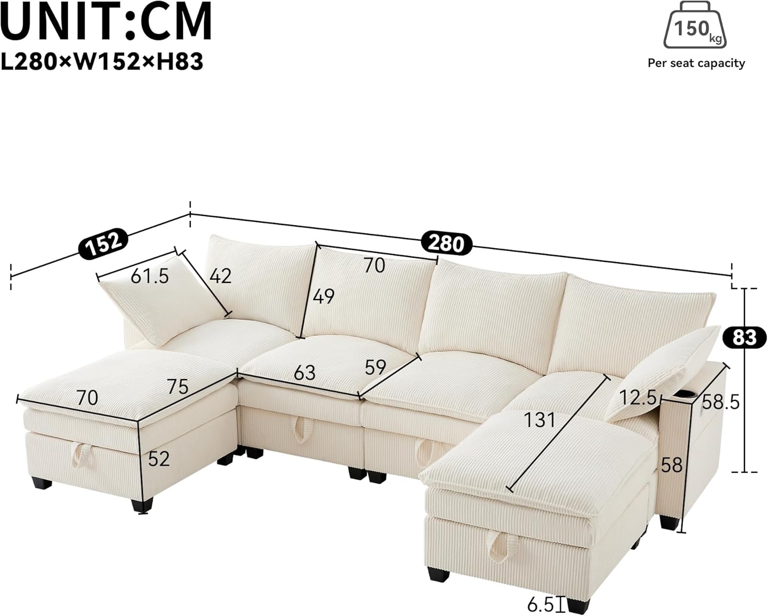 Merax Ecksofa L-förmiges Sofa Modulares 4-Sitzer Couch mit multifunktionalem Fußhocker (L/U-Form), USB-Anschlüssen, Staufächern und Getränkehaltern, Cordbezug, Beige — Ansicht 2