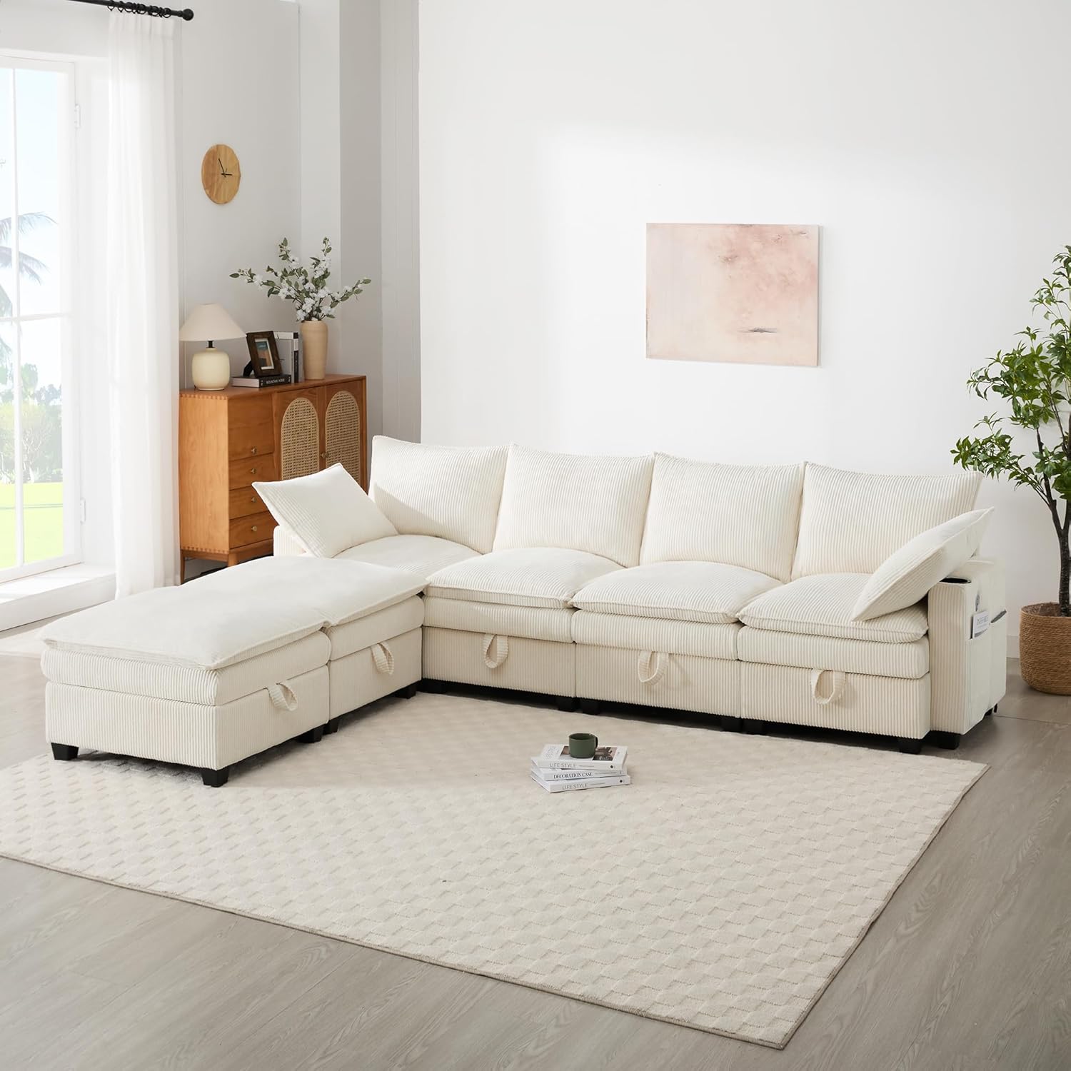 Merax Ecksofa L-förmiges Sofa Modulares 4-Sitzer Couch mit multifunktionalem Fußhocker (L/U-Form), USB-Anschlüssen, Staufächern und Getränkehaltern, Cordbezug, Beige — Ansicht 4