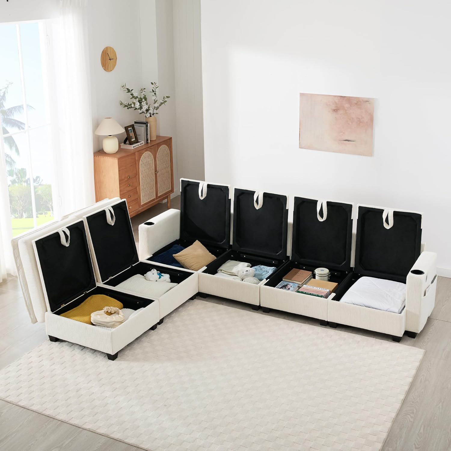Merax Ecksofa L-förmiges Sofa Modulares 4-Sitzer Couch mit multifunktionalem Fußhocker (L/U-Form), USB-Anschlüssen, Staufächern und Getränkehaltern, Cordbezug, Beige — Ansicht 5