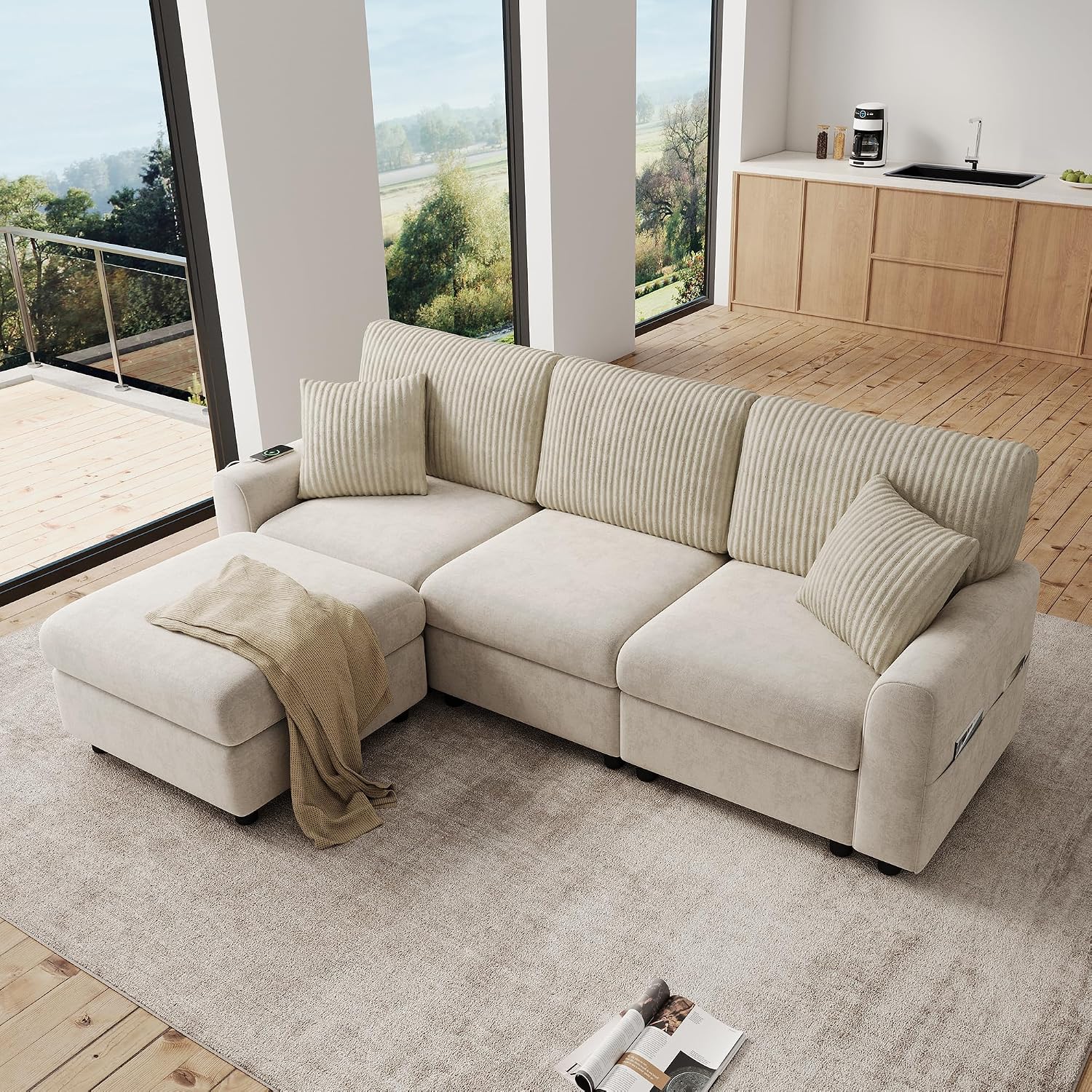 Merax Ecksofa mit Hocker, Wohnlandschaft aus Chenille und Breitcord, Polstersofa mit 2 Kissen, Moderne Couch mit Ottomane, Großzügige Sitzfläche für Wohnzimmer, Beige, 223 x 146 x 84 cm — Ansicht 5