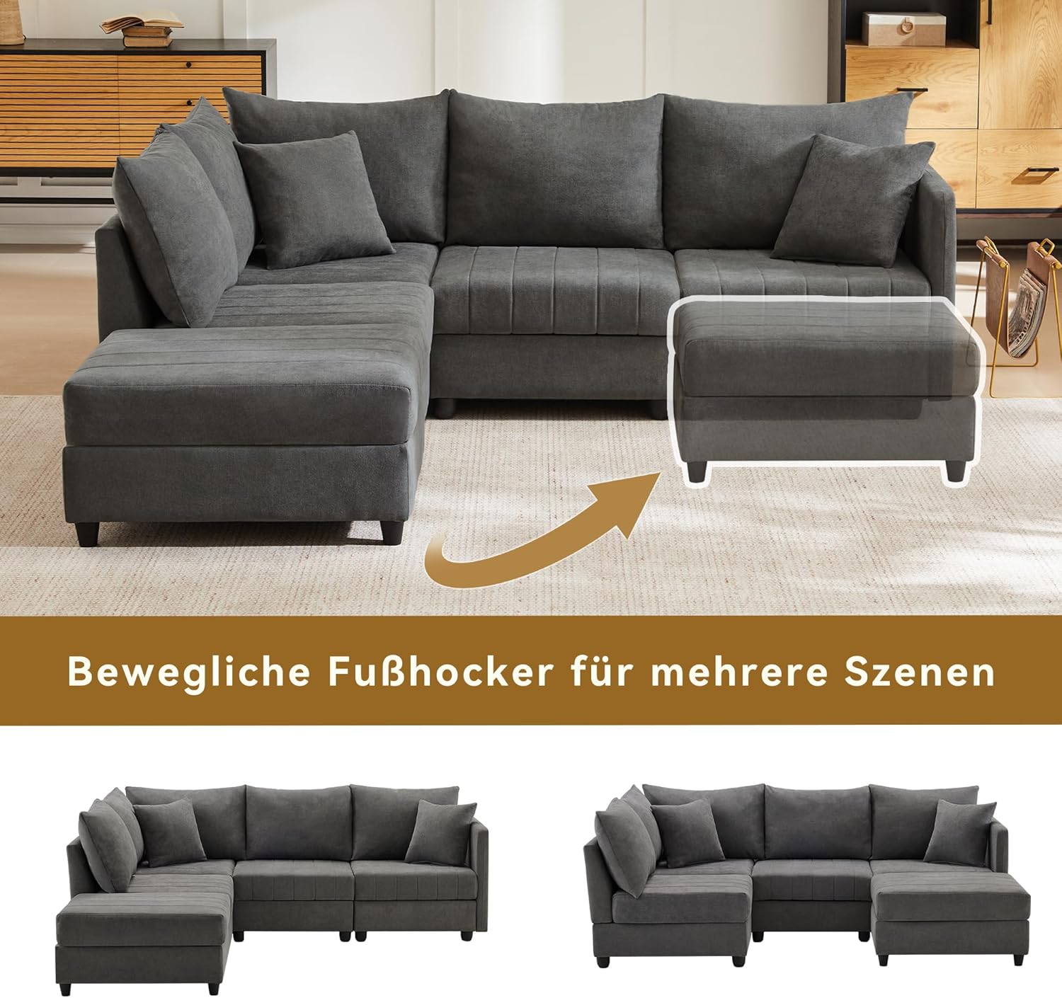 Merax Ecksofa Modulares 5-Sitzer Sofa mit multifunktionalem Fußhocker (L/U-Form), Atmungsaktive Baumwolle-Leinen-Kombi, Modernes Vertikalstreifen-Design, Premium Komfort, Raumsparend & Wandelbar, Grau — Ansicht 6