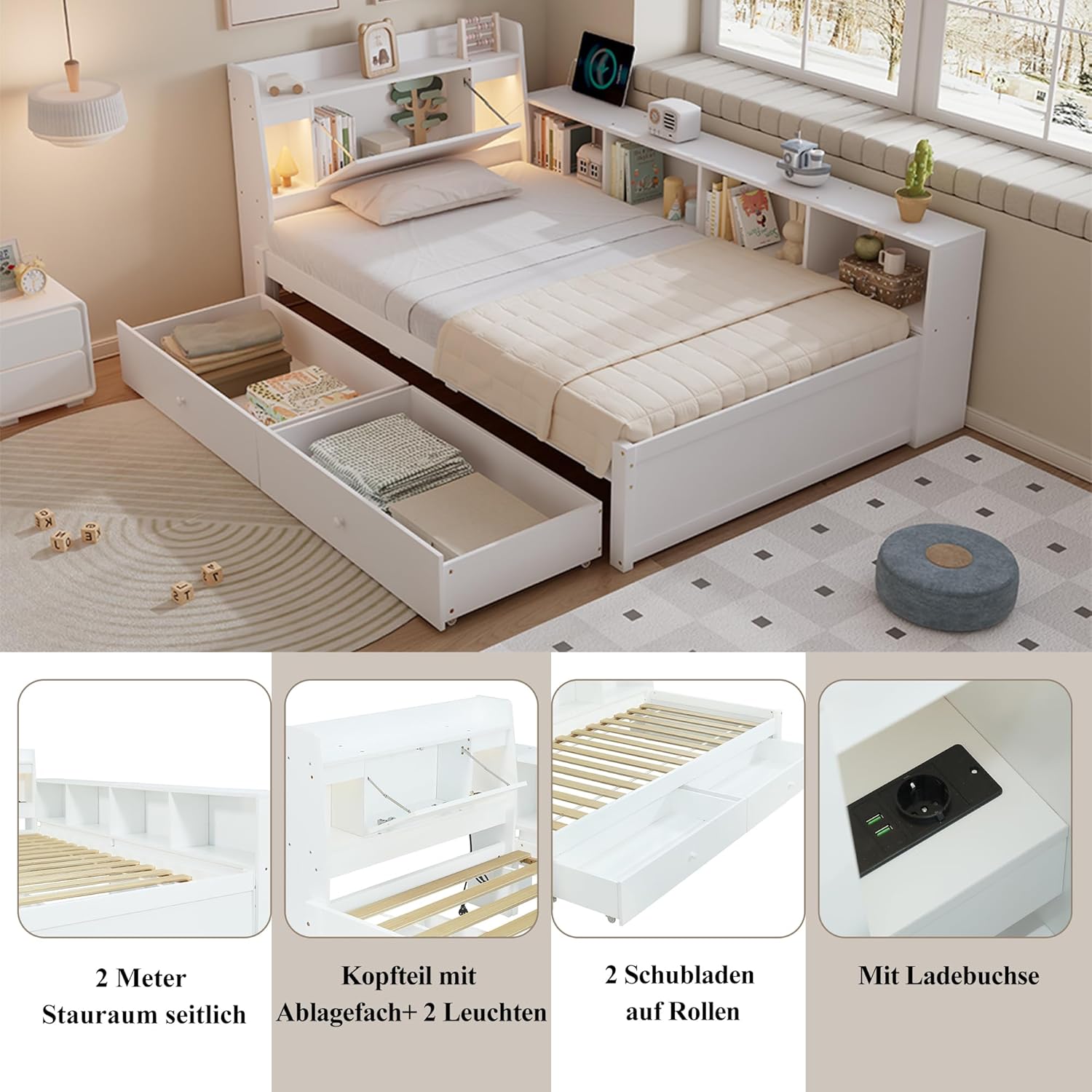 Merax Einzelbett 90x200 cm mit Stauraum, Paneelbett mit Kopfteil und Ablagefach, seitlichen Schränken und Schubladen, LED Leuchten und Ladebuchse,Weiß — Ansicht 5