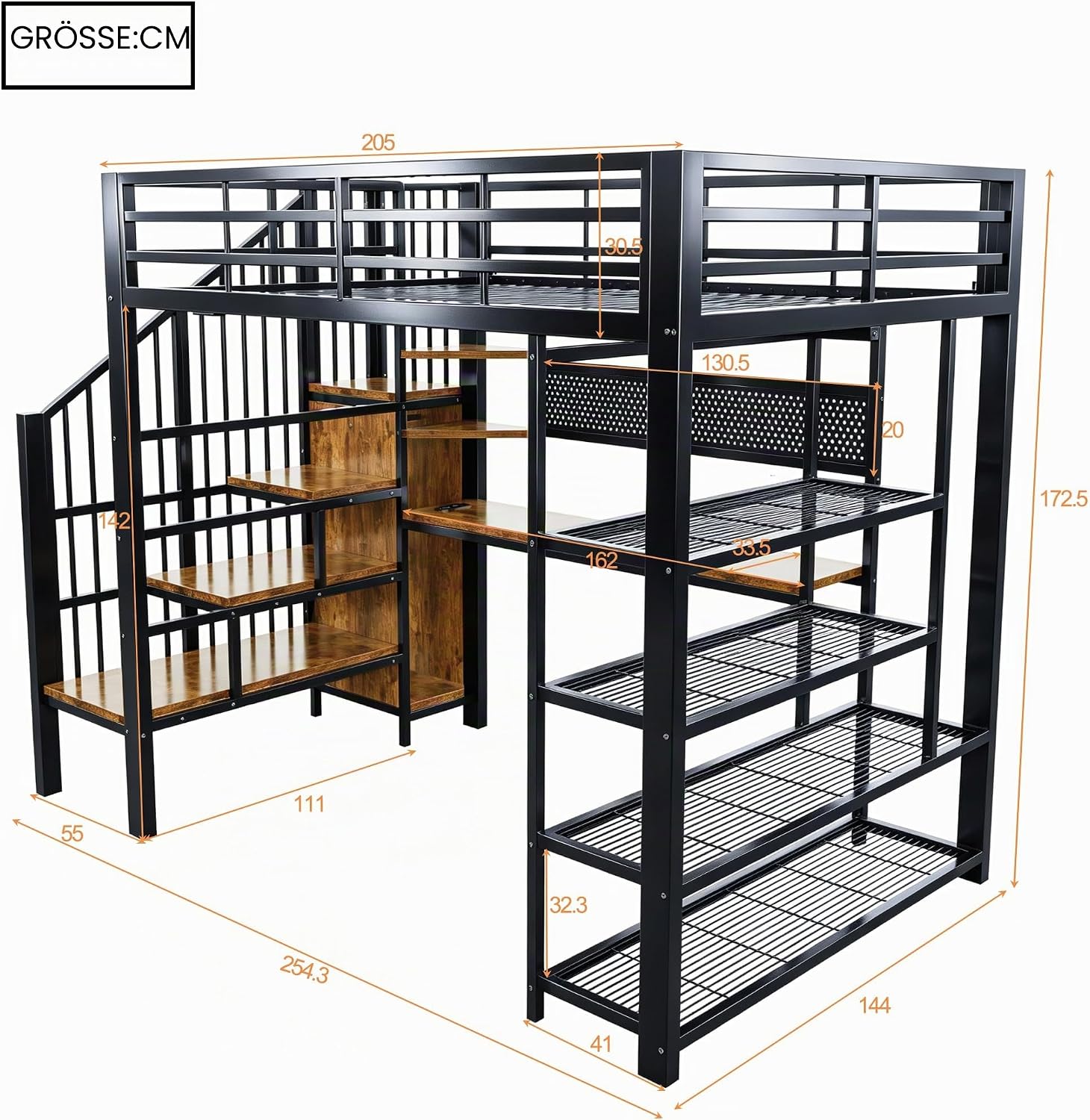 Merax Eisen-Hochbett 140x200 cm mit langem Schreibtisch, Lochwand, Steckdose, LED, mehrstöckigen Ablagefächern – Schwarz (Ohne Matratze) — Ansicht 2