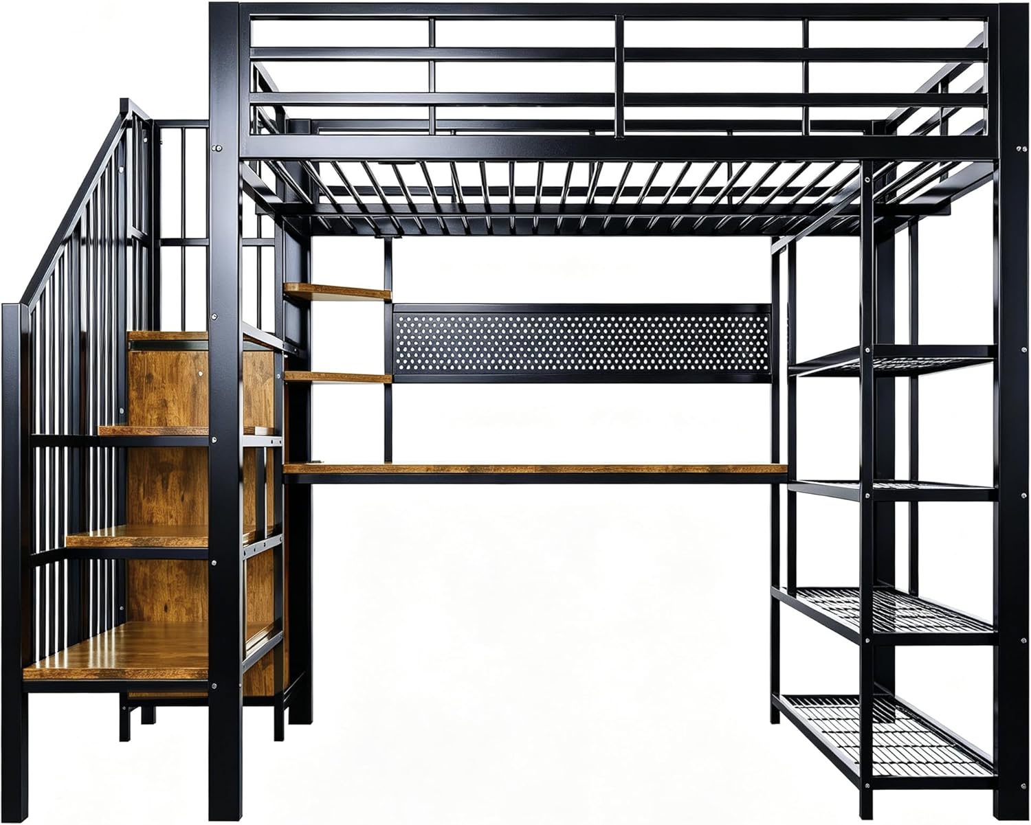 Merax Eisen-Hochbett 140x200 cm mit langem Schreibtisch, Lochwand, Steckdose, LED, mehrstöckigen Ablagefächern – Schwarz (Ohne Matratze) — Ansicht 4