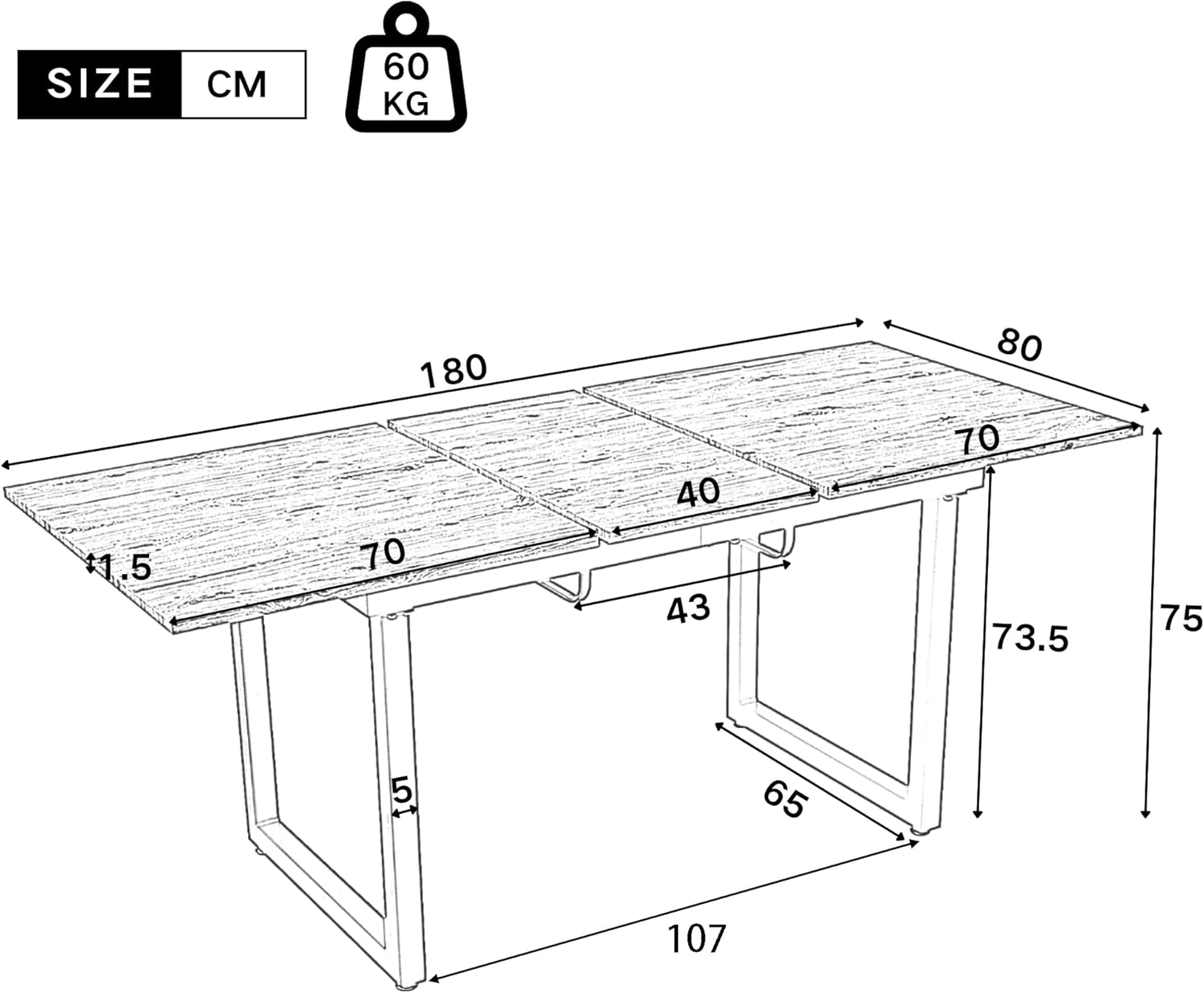Merax Esstisch 140/180x80x75cm, Ausziehbar Esszimmertisch mit Tischbeine aus Metall, Rechteckiger Küchentisch für Wohnzimmer und Esszimmer, Weiß — Ansicht 2