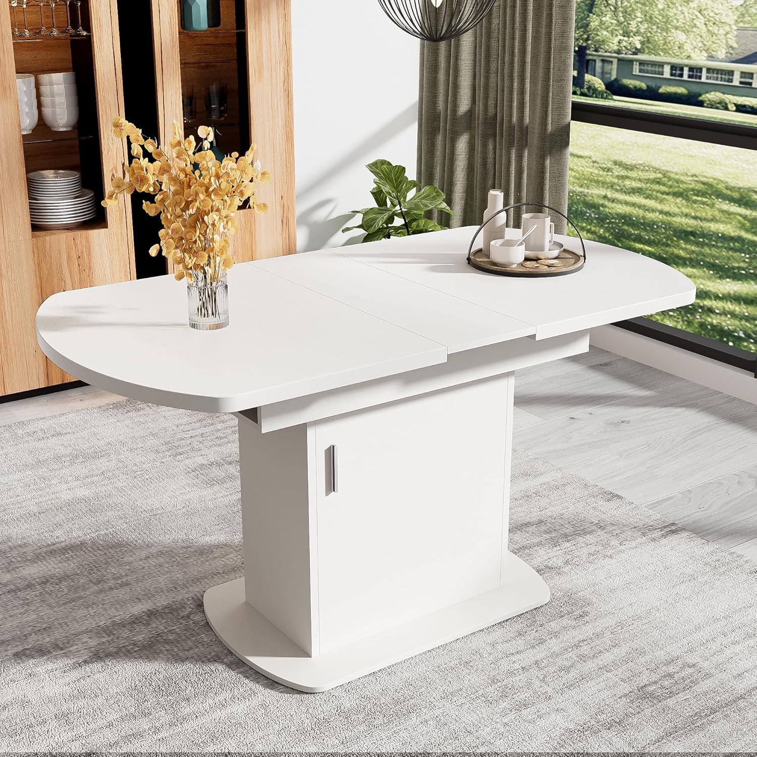 Merax Esstisch Holz, Ausziehbar Esszimmertisch mit Stauraum, Ovaler Küchentisch für Wohnzimmer und Esszimmer, 110/130L x 70B x 75H cm, Weiß — Ansicht 3