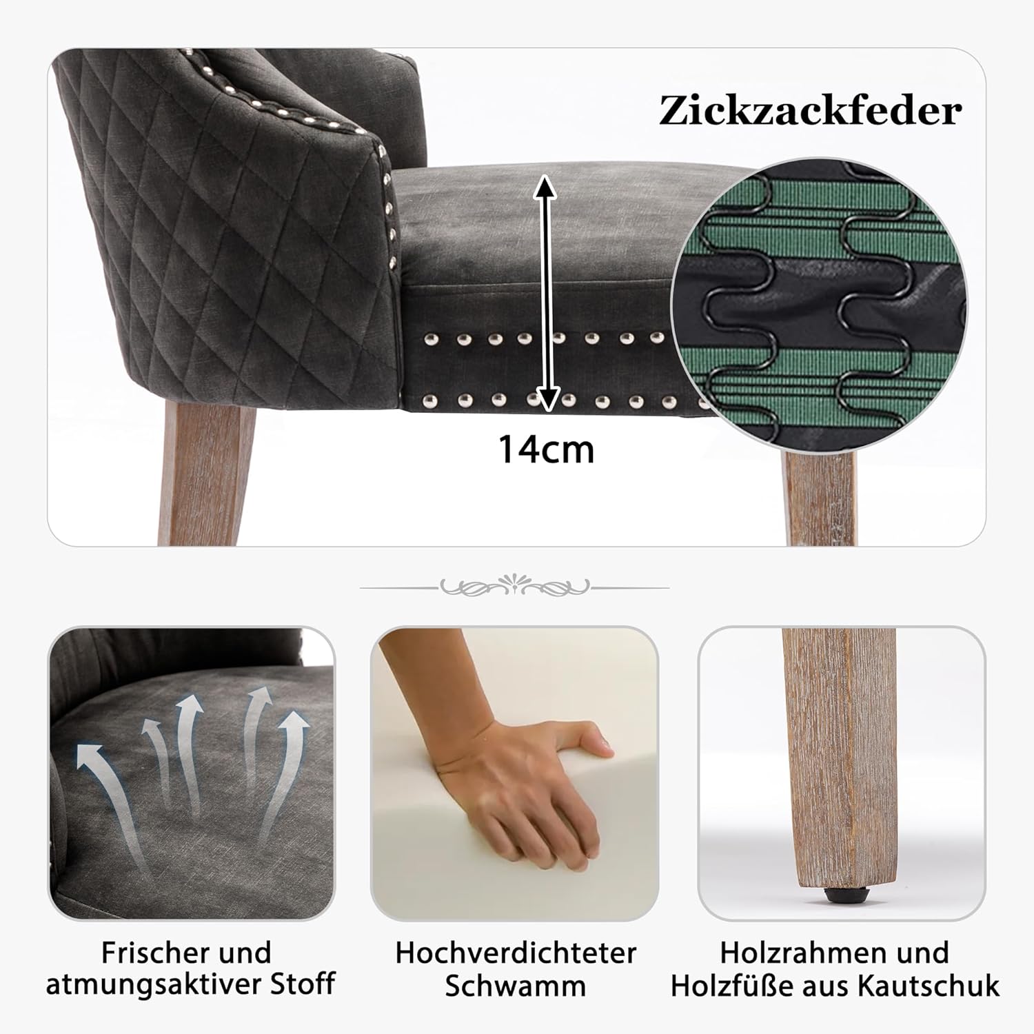 Merax Esszimmerstühle 6er-Set, Küchenstuhl, Polsterstuhl, Dining Chair, Moderne Stuhl aus Samt, Gestell aus Massivholz, Armlehnenstuhl für Esszimmer Wohnzimmer, mit Samtbezug, Grau — Ansicht 4