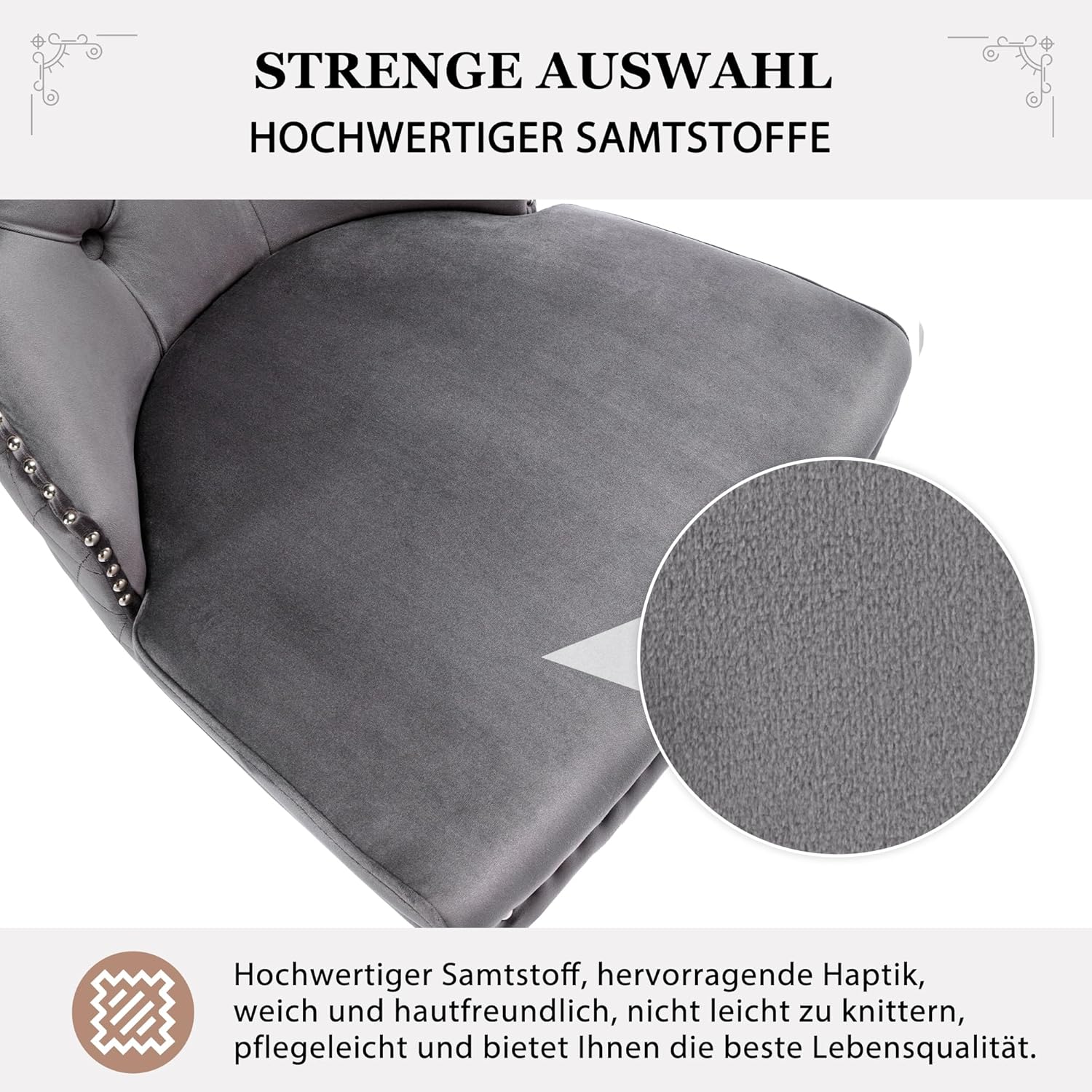 Merax Esszimmerstühle 6er-Set, Küchenstuhl Wohnzimmerstuhl Polsterstuhl Esstisch Stühle, Stützbeine aus Metall, mit einzigartigem Türklopfer auf der Rückseite, mit Samtbezug, Grau — Ansicht 6