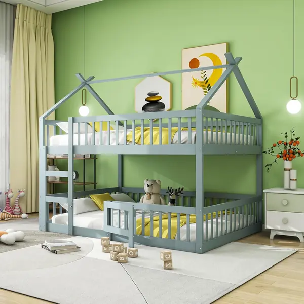 Etagenbett 140 x 200 cm – Hütte mit Treppe, Massivholz