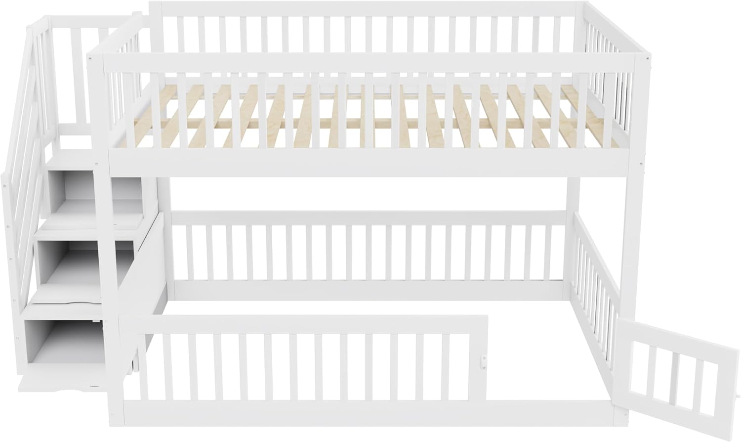 Merax Etagenbett 140x200 cm, Kinderbett mit Sicherheitstreppe, Holzeinzelbett mit Stauraumbett für Kinder und Jugendliche, Multifunktional, Platzsparend, Holzstruktur, Weiß (Ohne Matratze) — Ansicht 5